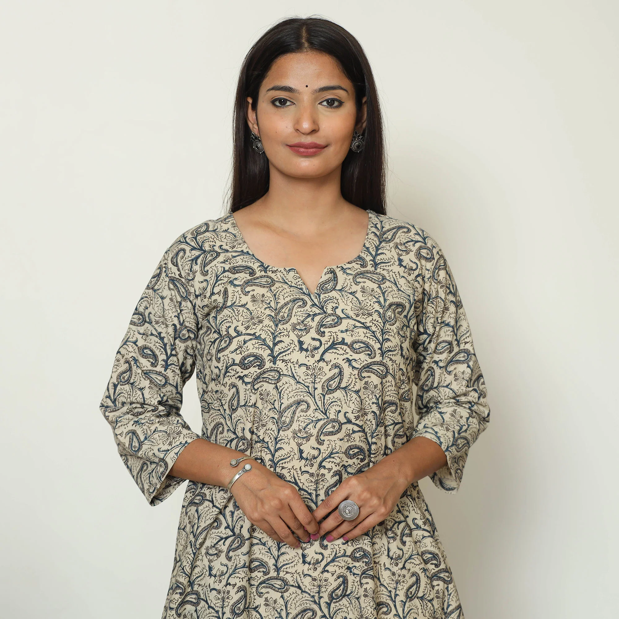 Grey - Pedana Kalamkari Hand Block Printed Cotton A-Line Kurta 10 - Image 5