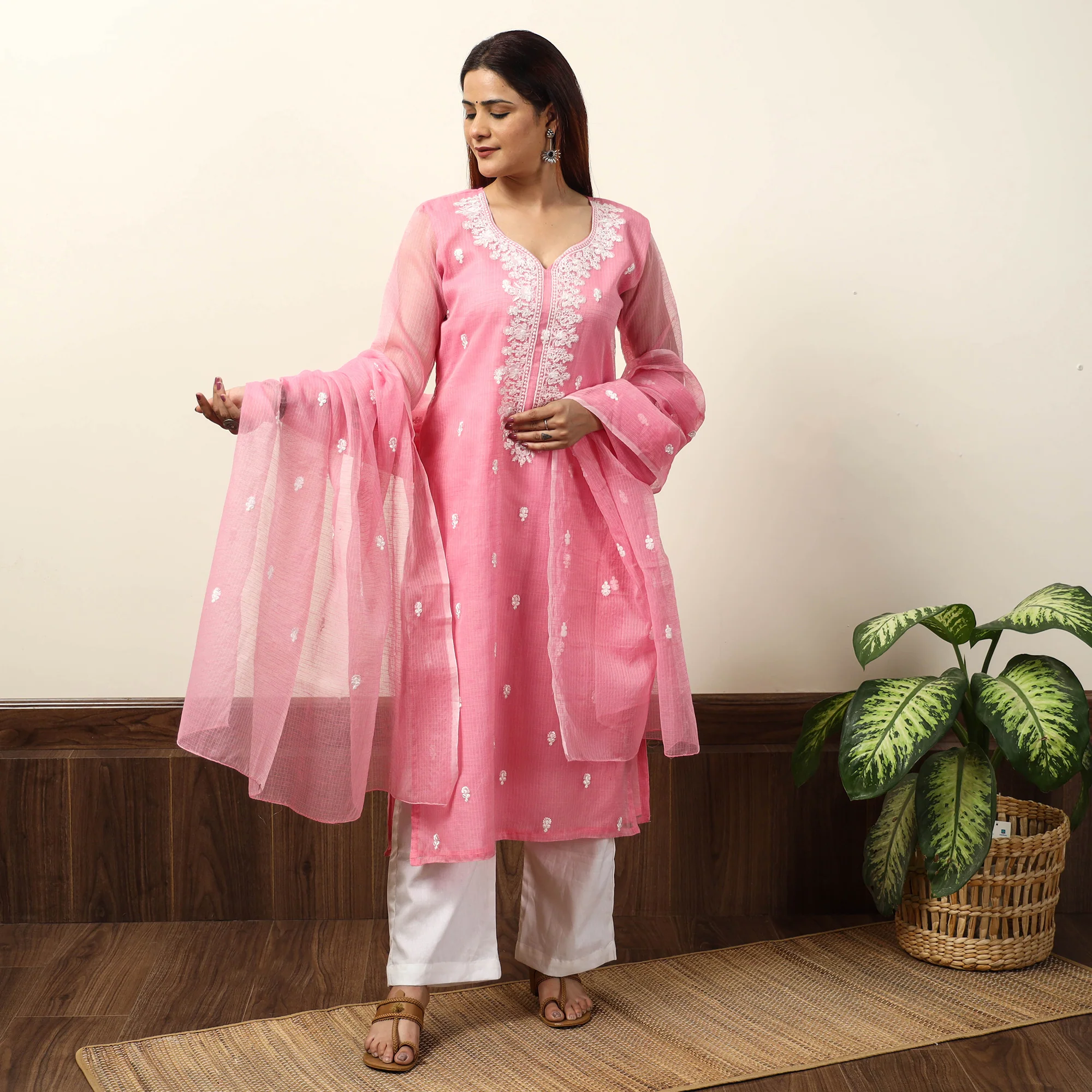 Kota Doria Embroidered Kurta with Palazzo & Dupatta Set 01 - Image 2