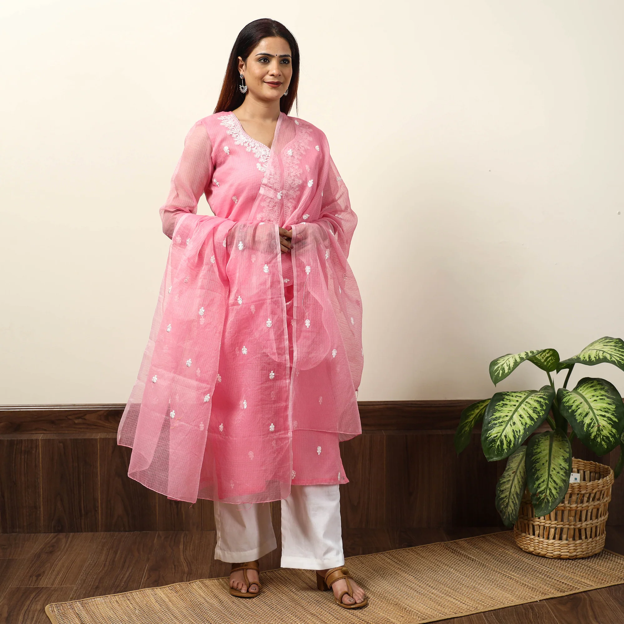 Kota Doria Embroidered Kurta with Palazzo & Dupatta Set 01 - Image 3