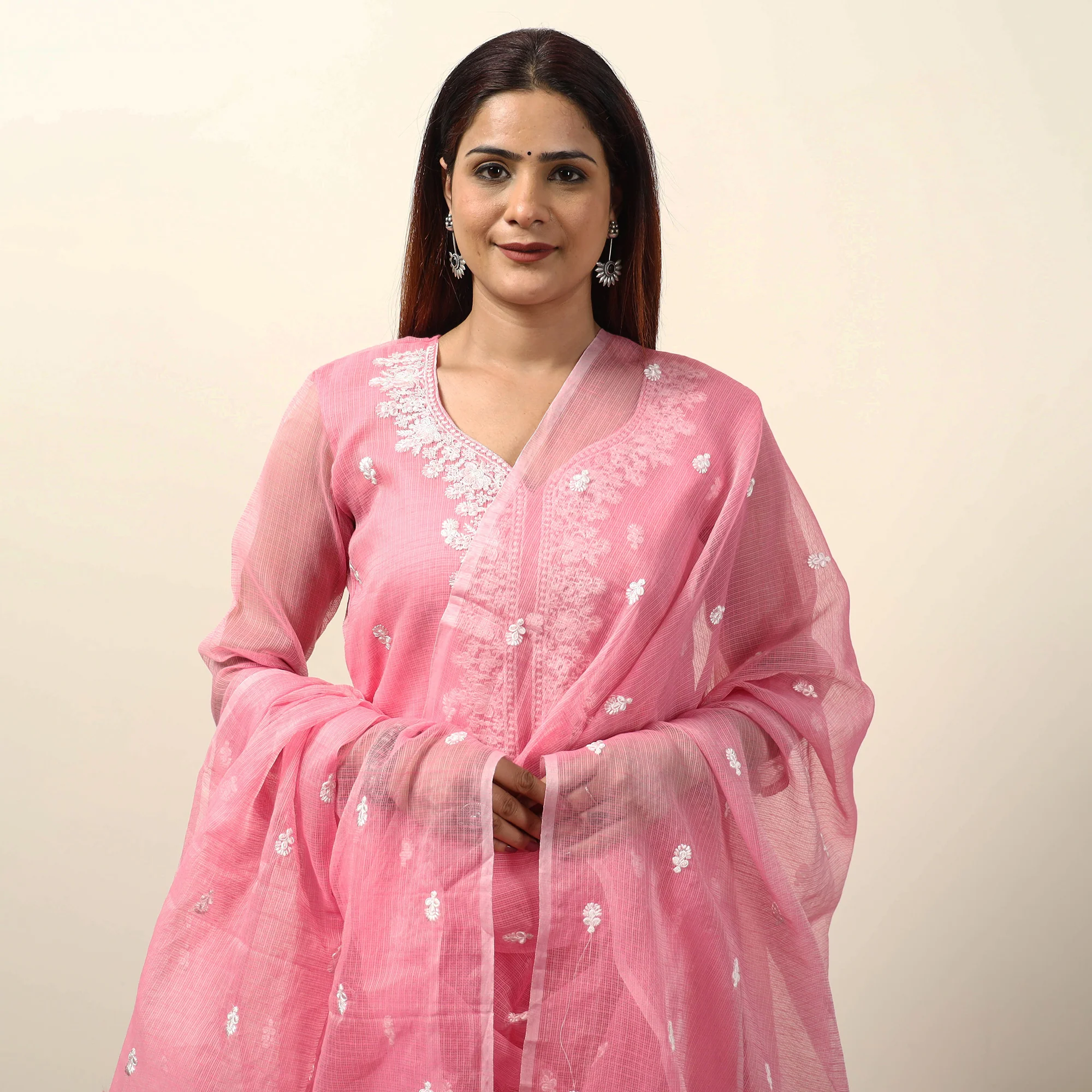 Kota Doria Embroidered Kurta with Palazzo & Dupatta Set 01 - Image 4