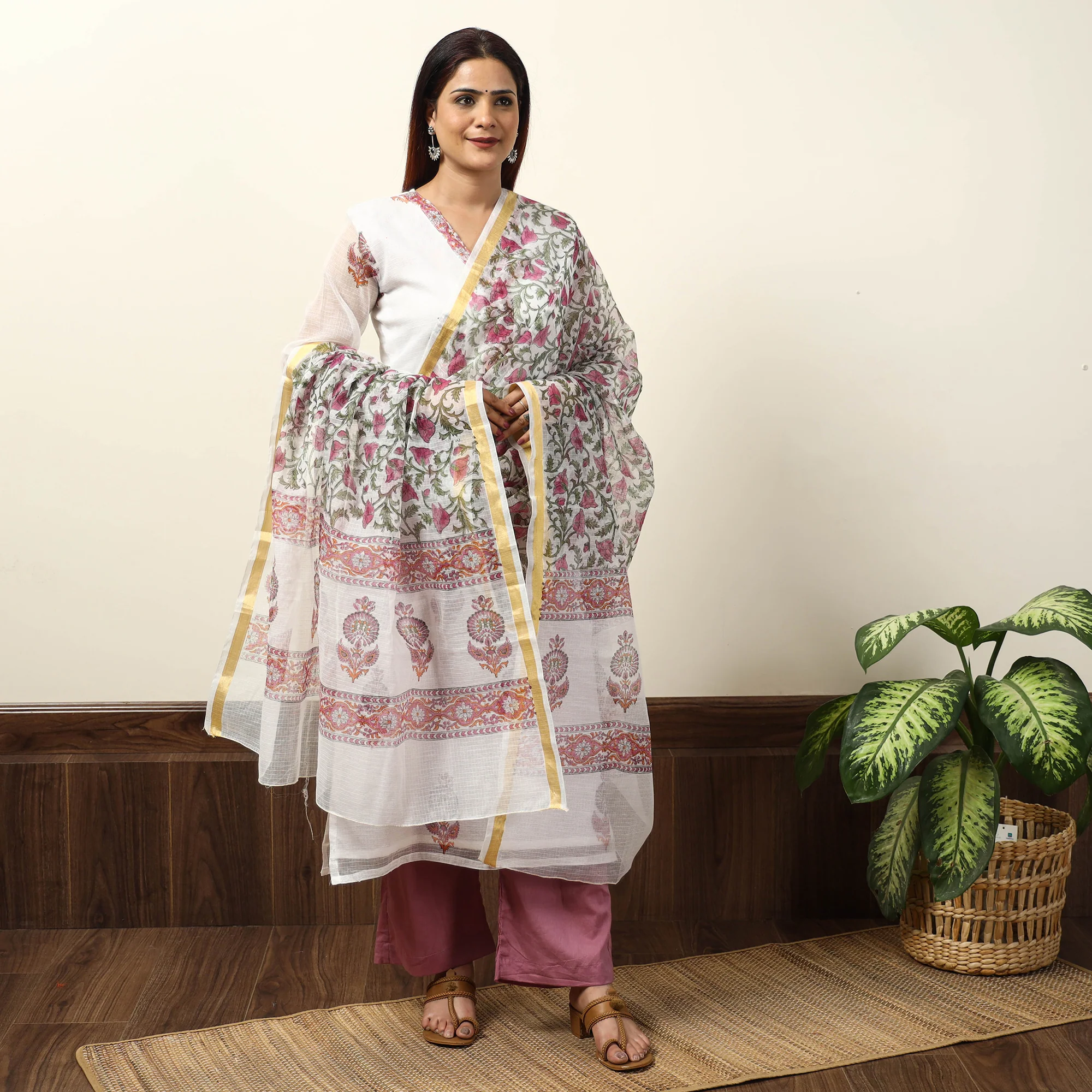 White - Sanganeri Block Printed Kota Doria Kurta with Palazzo & Dupatta Set 06 - Image 3