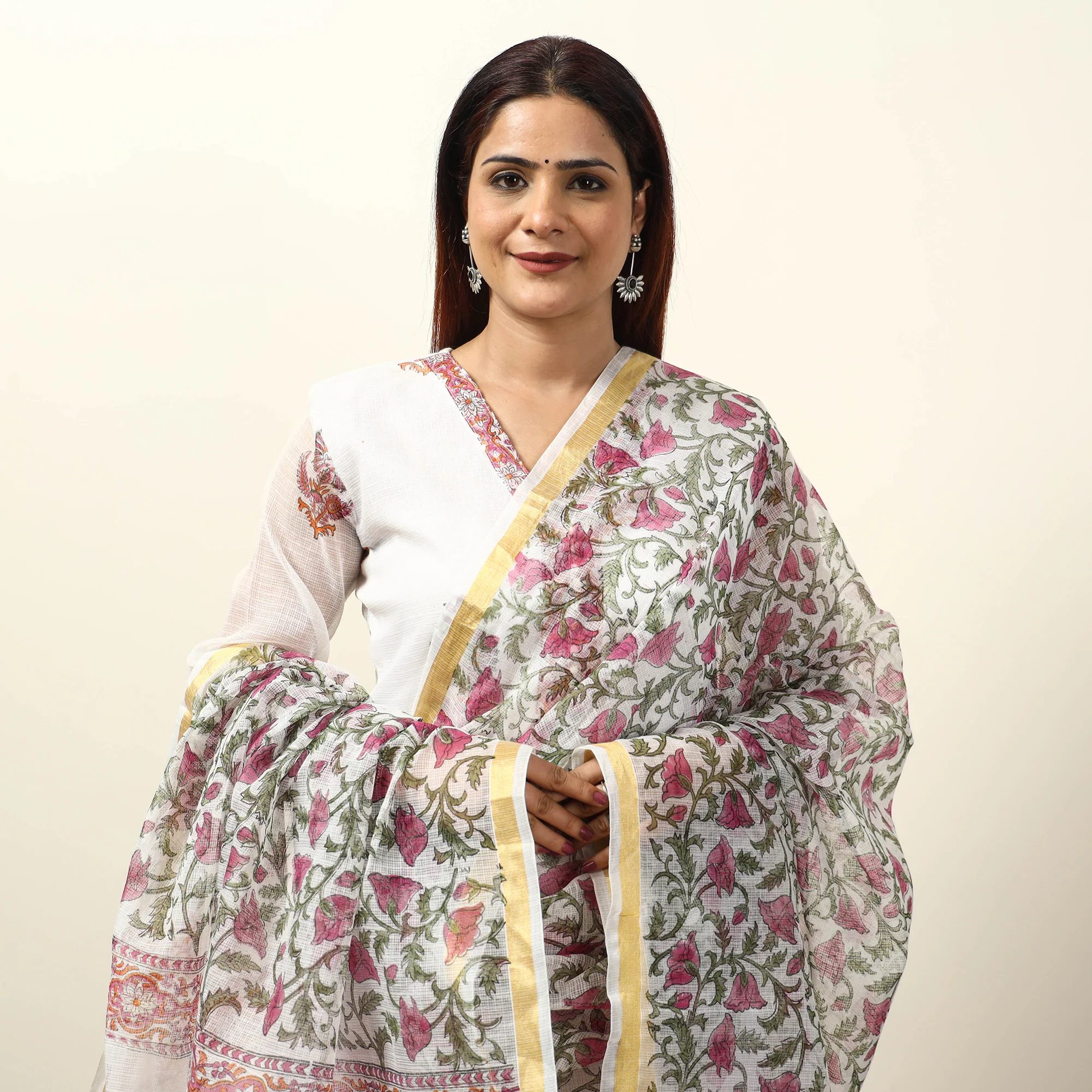 White - Sanganeri Block Printed Kota Doria Kurta with Palazzo & Dupatta Set 06 - Image 4