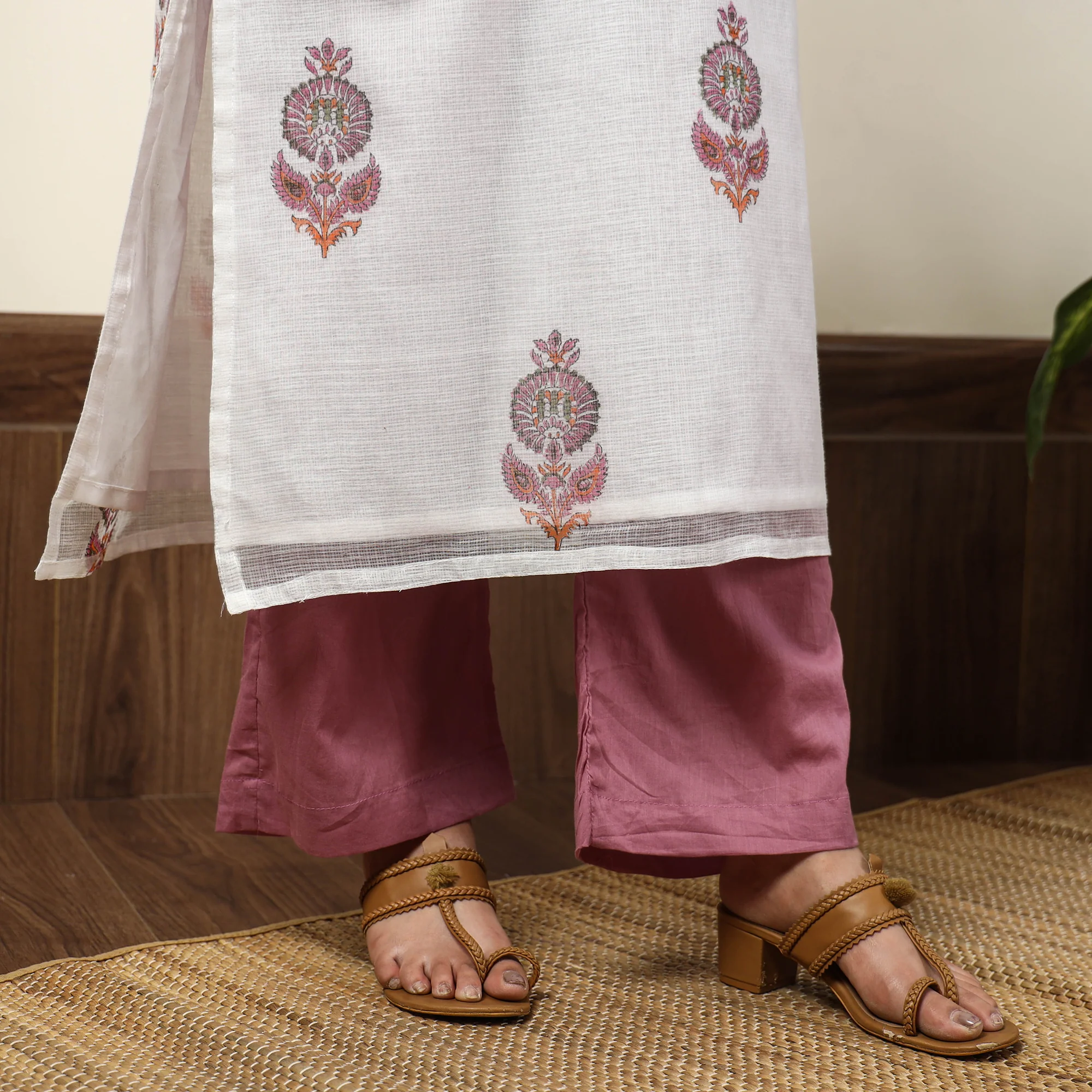 White - Sanganeri Block Printed Kota Doria Kurta with Palazzo & Dupatta Set 06 - Image 7