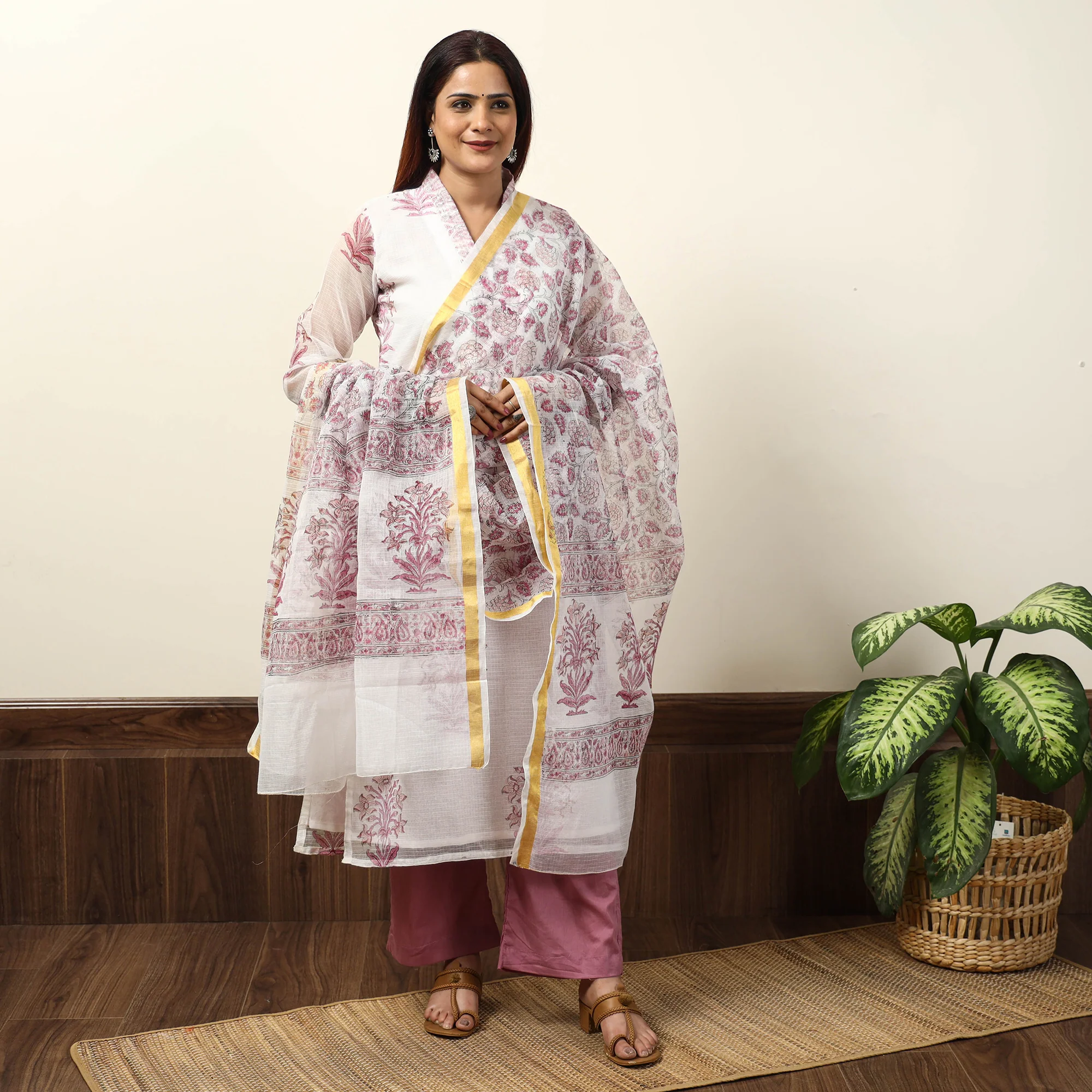 White - Sanganeri Block Printed Kota Doria Kurta with Palazzo & Dupatta Set 07 - Image 3