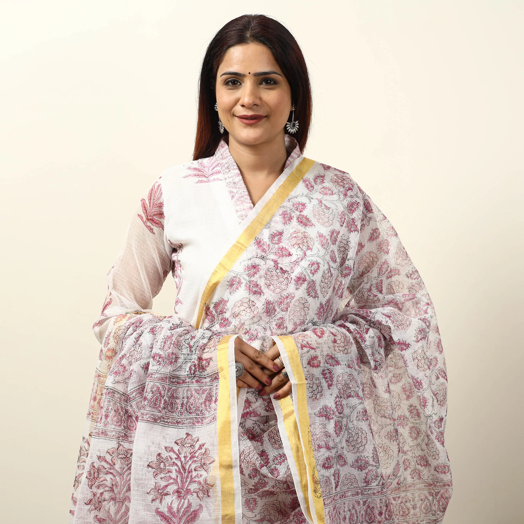 White - Sanganeri Block Printed Kota Doria Kurta with Palazzo & Dupatta Set 07 - Image 4