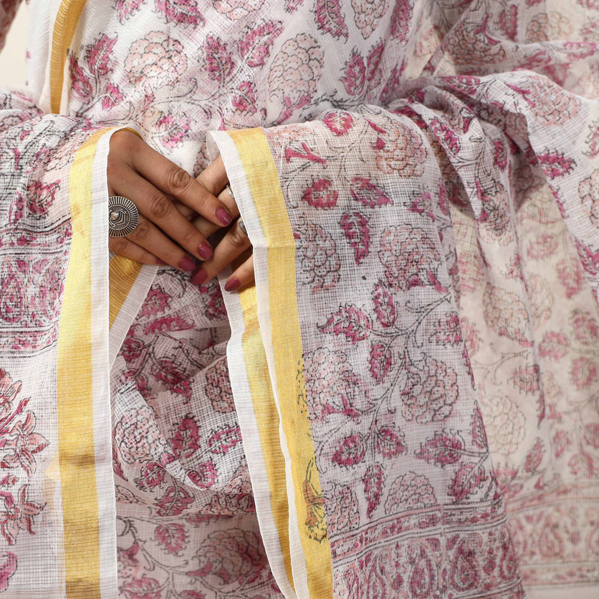 White - Sanganeri Block Printed Kota Doria Kurta with Palazzo & Dupatta Set 07 - Image 5