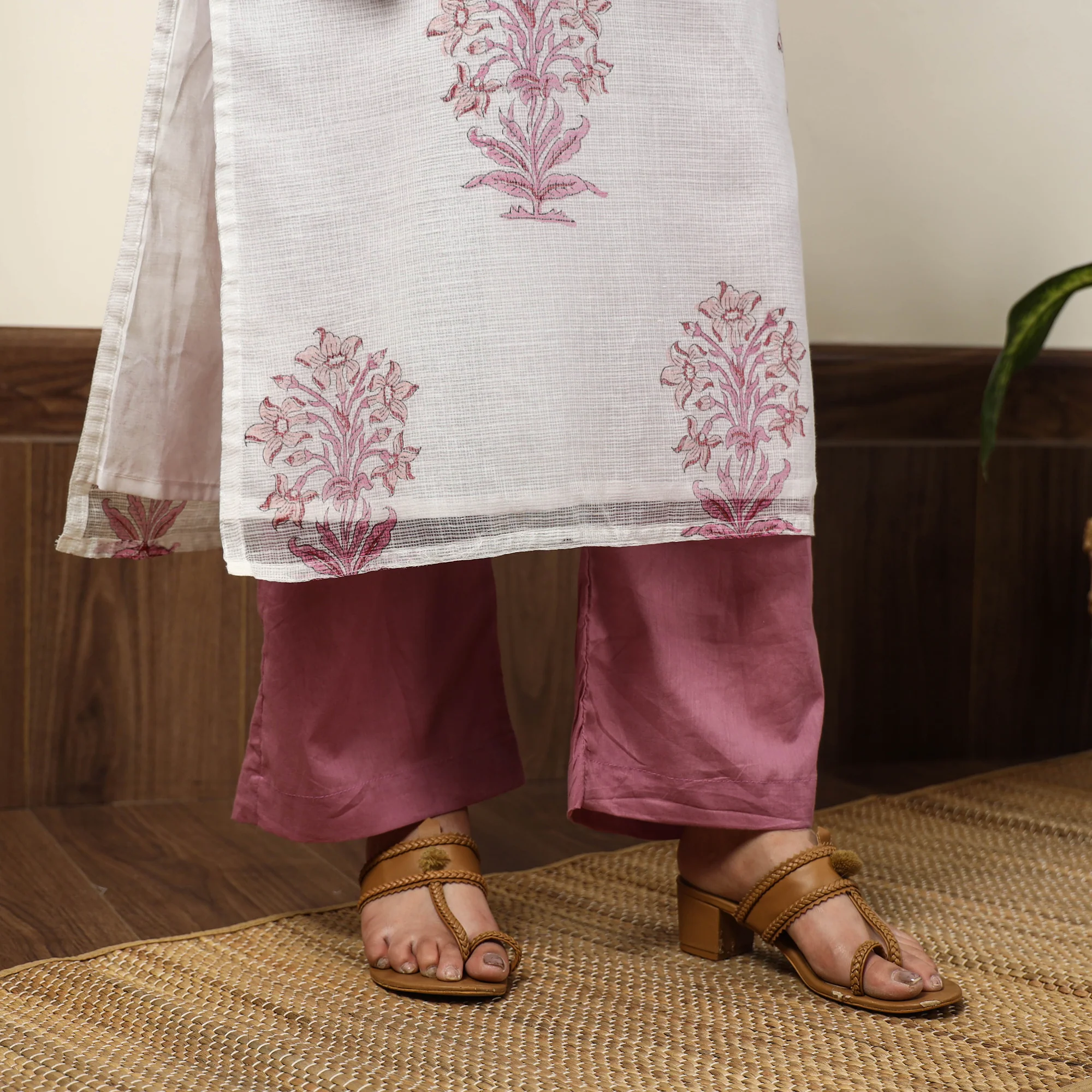 White - Sanganeri Block Printed Kota Doria Kurta with Palazzo & Dupatta Set 07 - Image 7