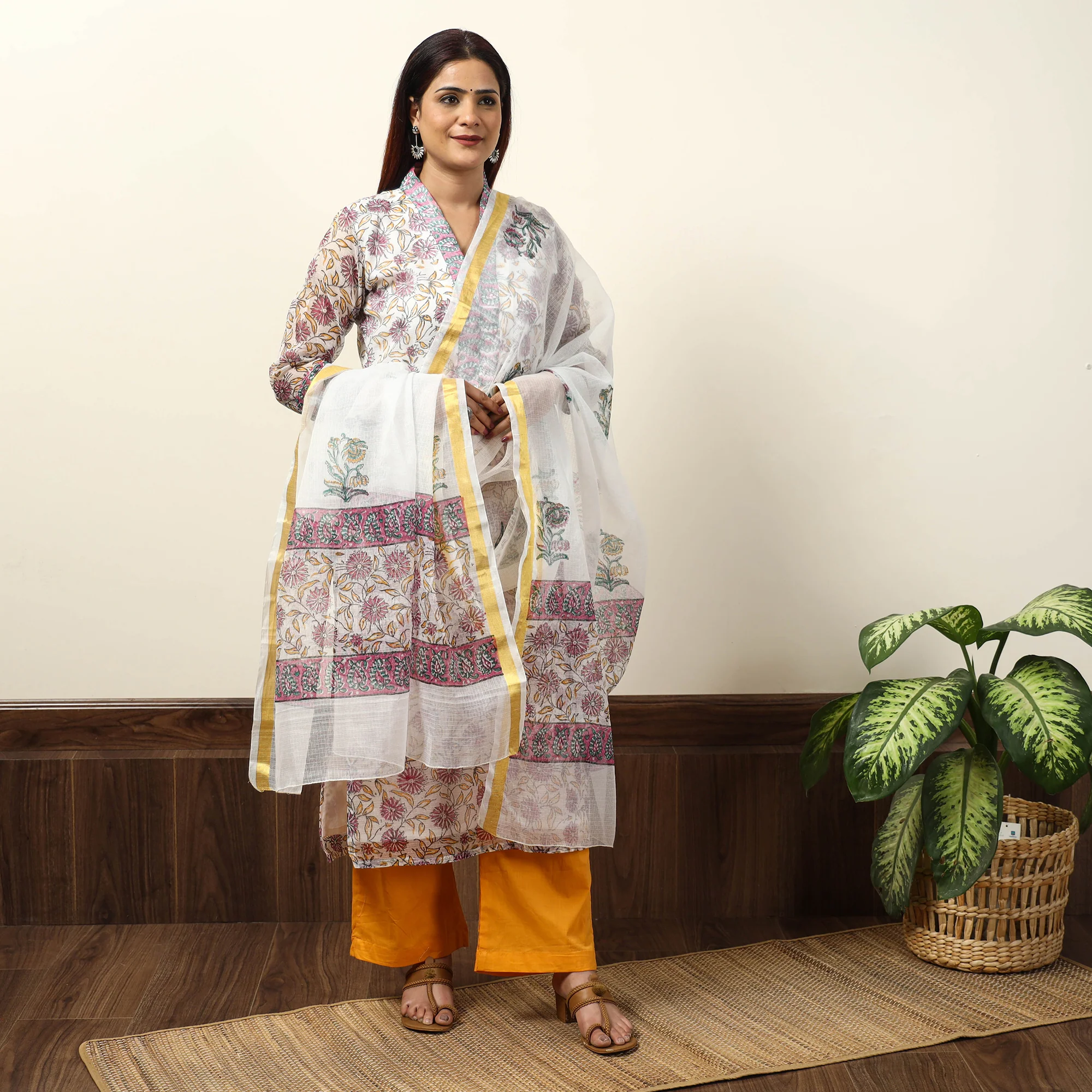 White - Sanganeri Block Printed Kota Doria Kurta with Palazzo & Dupatta Set 14 - Image 3