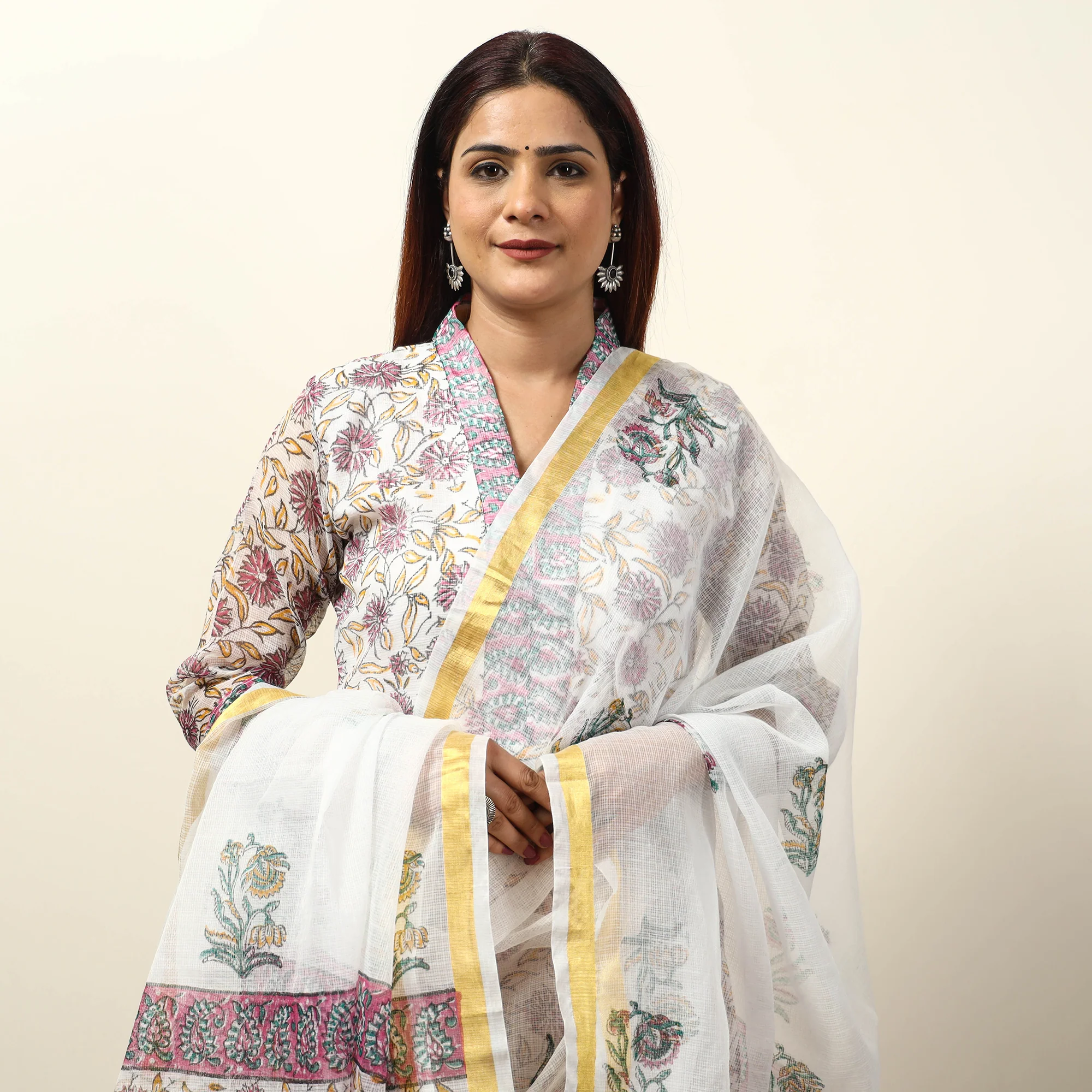 White - Sanganeri Block Printed Kota Doria Kurta with Palazzo & Dupatta Set 14 - Image 4