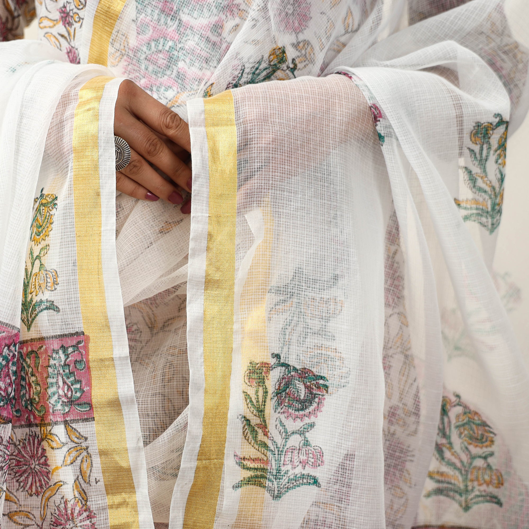 White - Sanganeri Block Printed Kota Doria Kurta with Palazzo & Dupatta Set 14 - Image 5