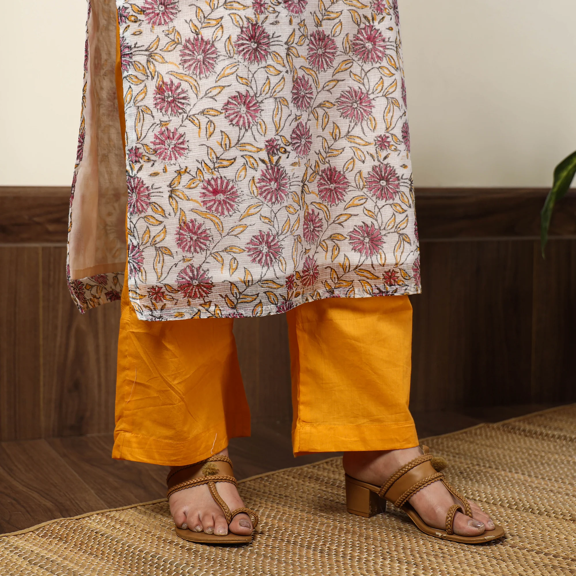 White - Sanganeri Block Printed Kota Doria Kurta with Palazzo & Dupatta Set 14 - Image 7