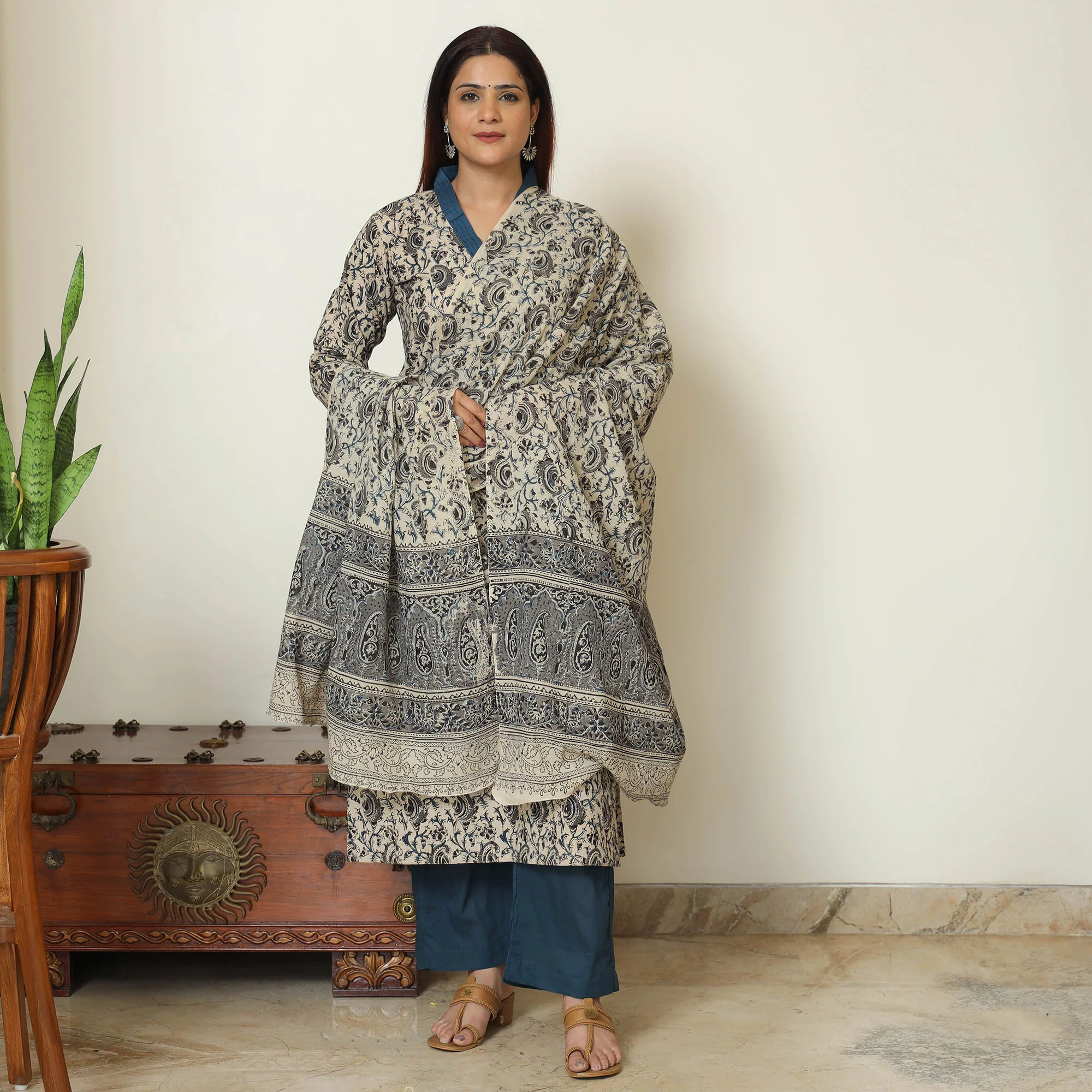Beige - Pedana Kalamkari Block Printed Cotton Kurta with Palazzo & Dupatta Set 14 - Image 2