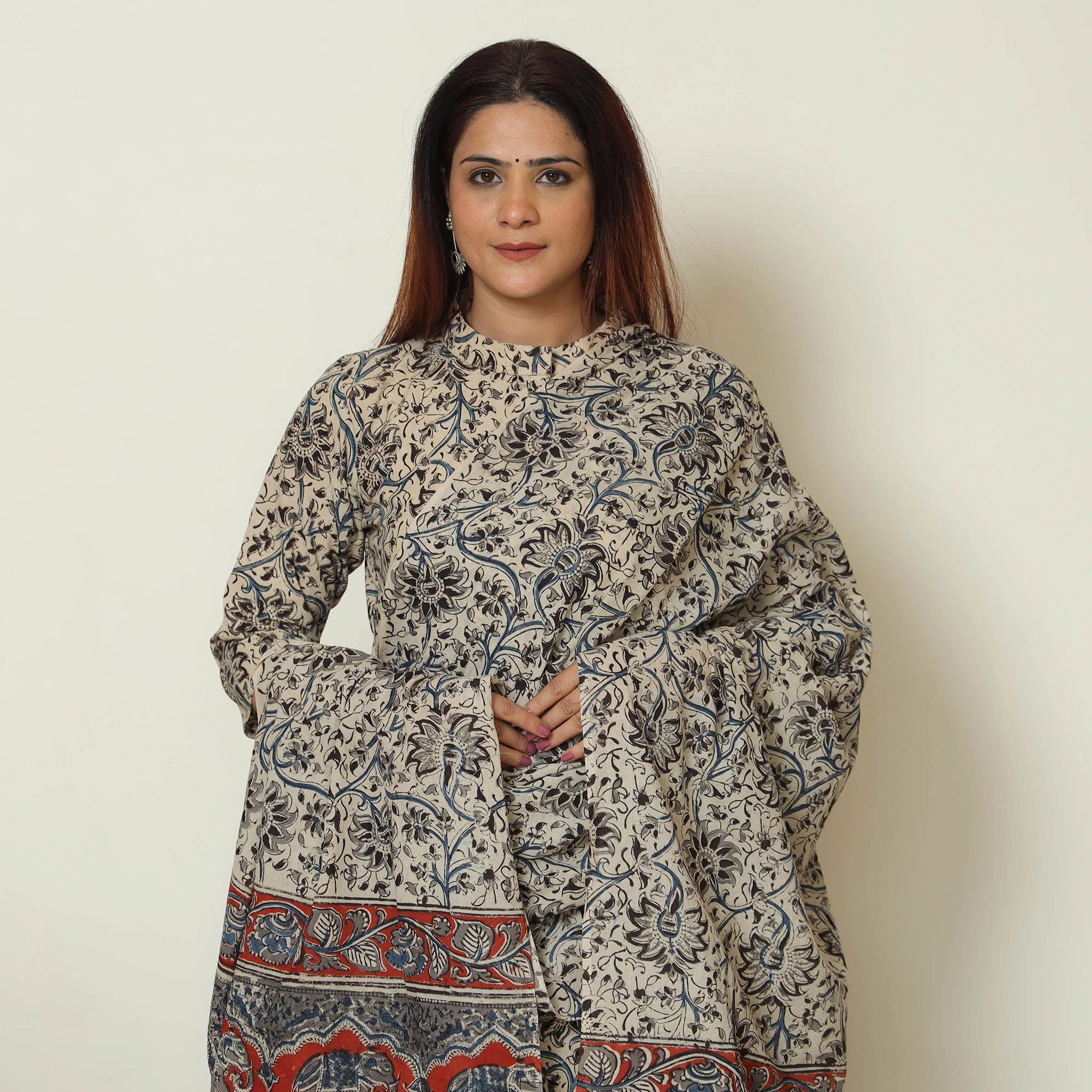 Beige - Pedana Kalamkari Block Printed Cotton Kurta with Palazzo & Dupatta Set 03 - Image 3