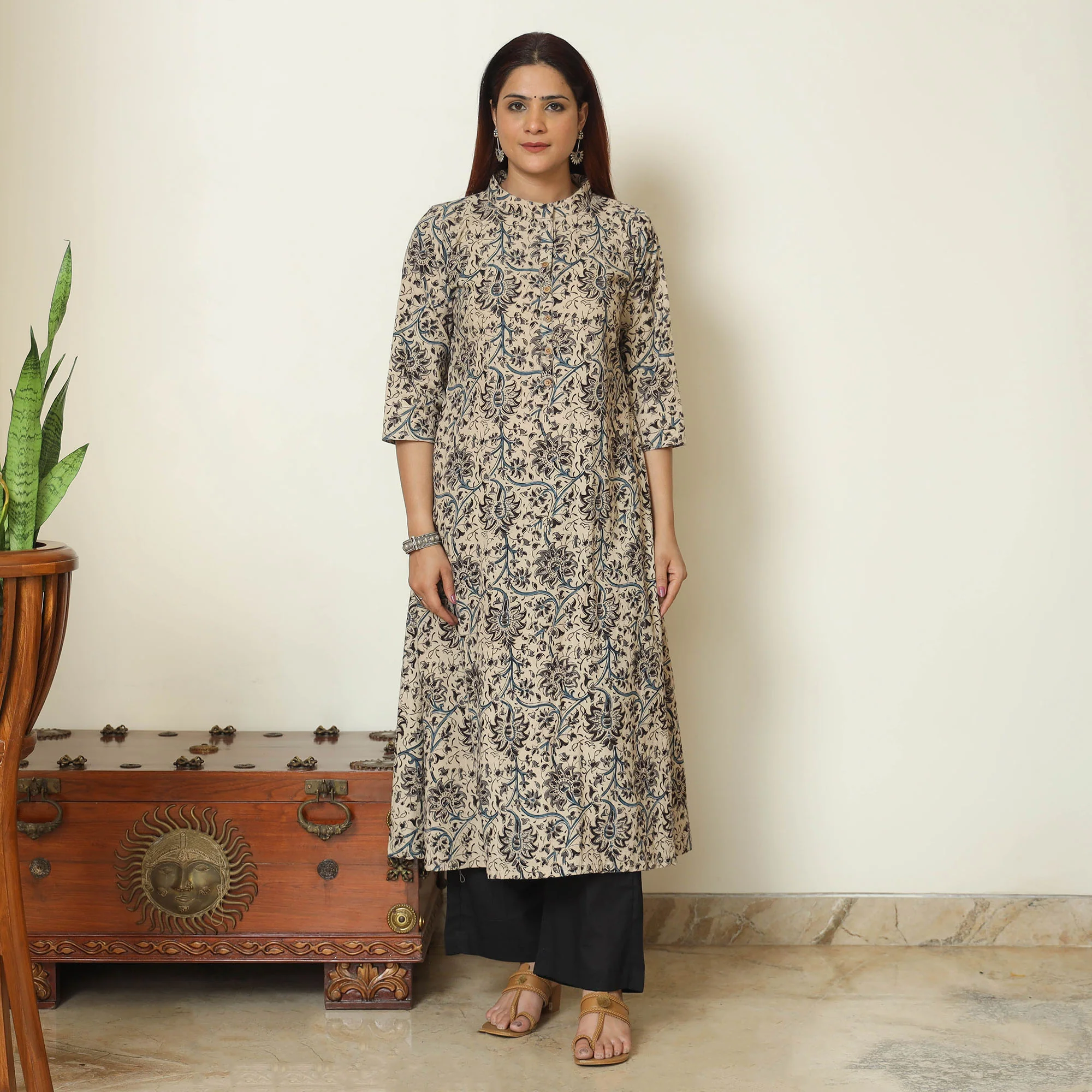 Beige - Pedana Kalamkari Block Printed Cotton Kurta with Palazzo & Dupatta Set 03 - Image 4