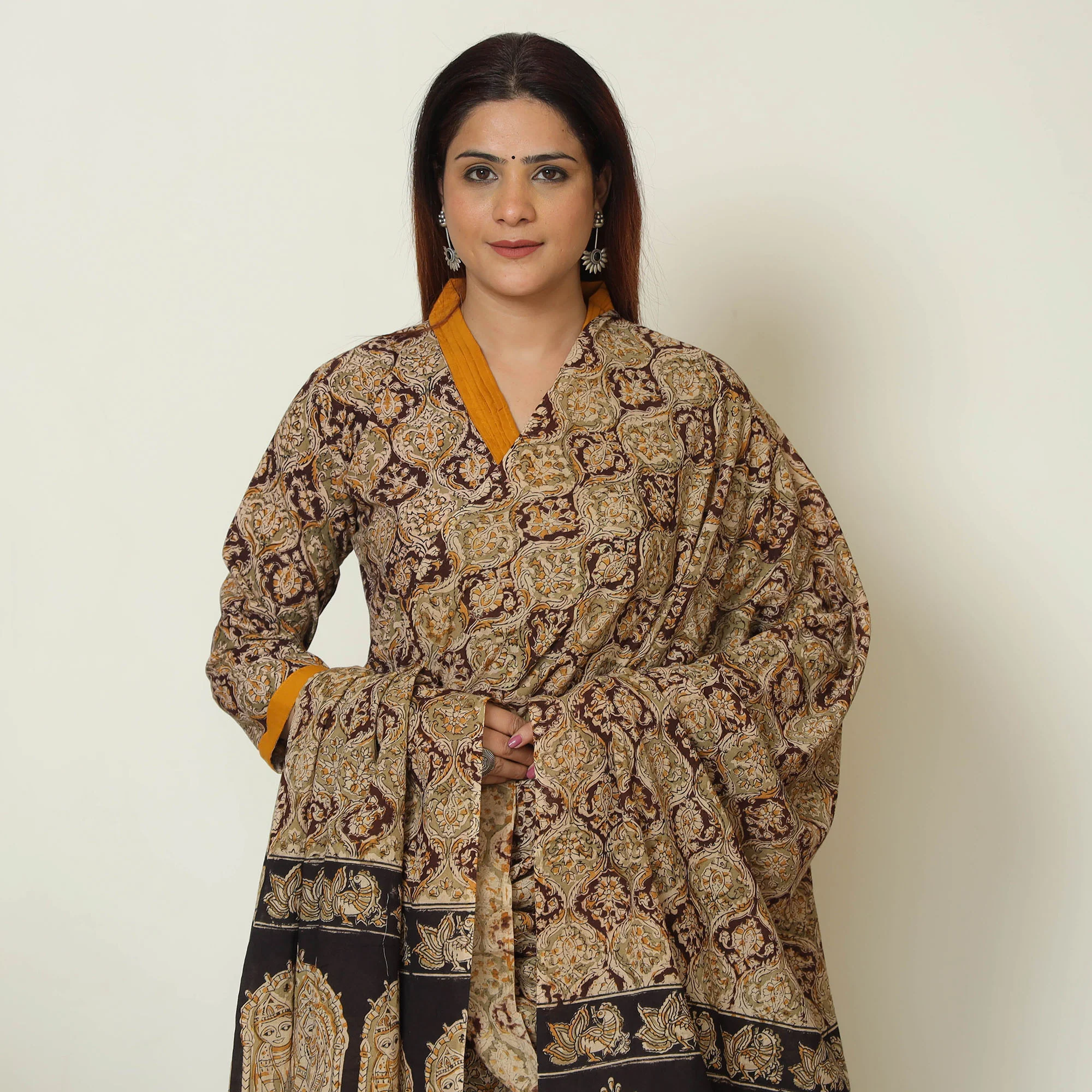 Brown - Pedana Kalamkari Block Printed Cotton Kurta with Palazzo & Dupatta Set 07 - Image 3