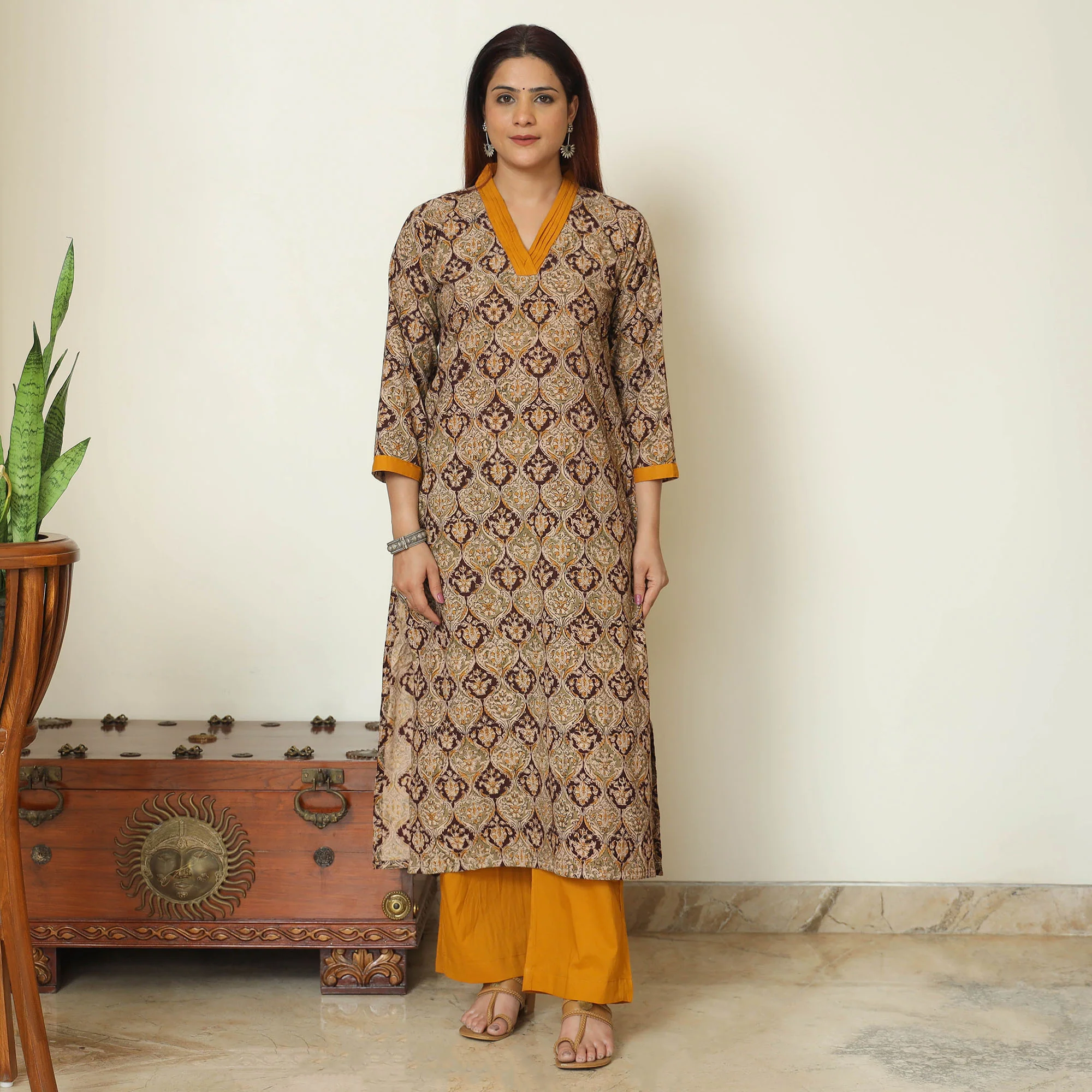Brown - Pedana Kalamkari Block Printed Cotton Kurta with Palazzo & Dupatta Set 07 - Image 4
