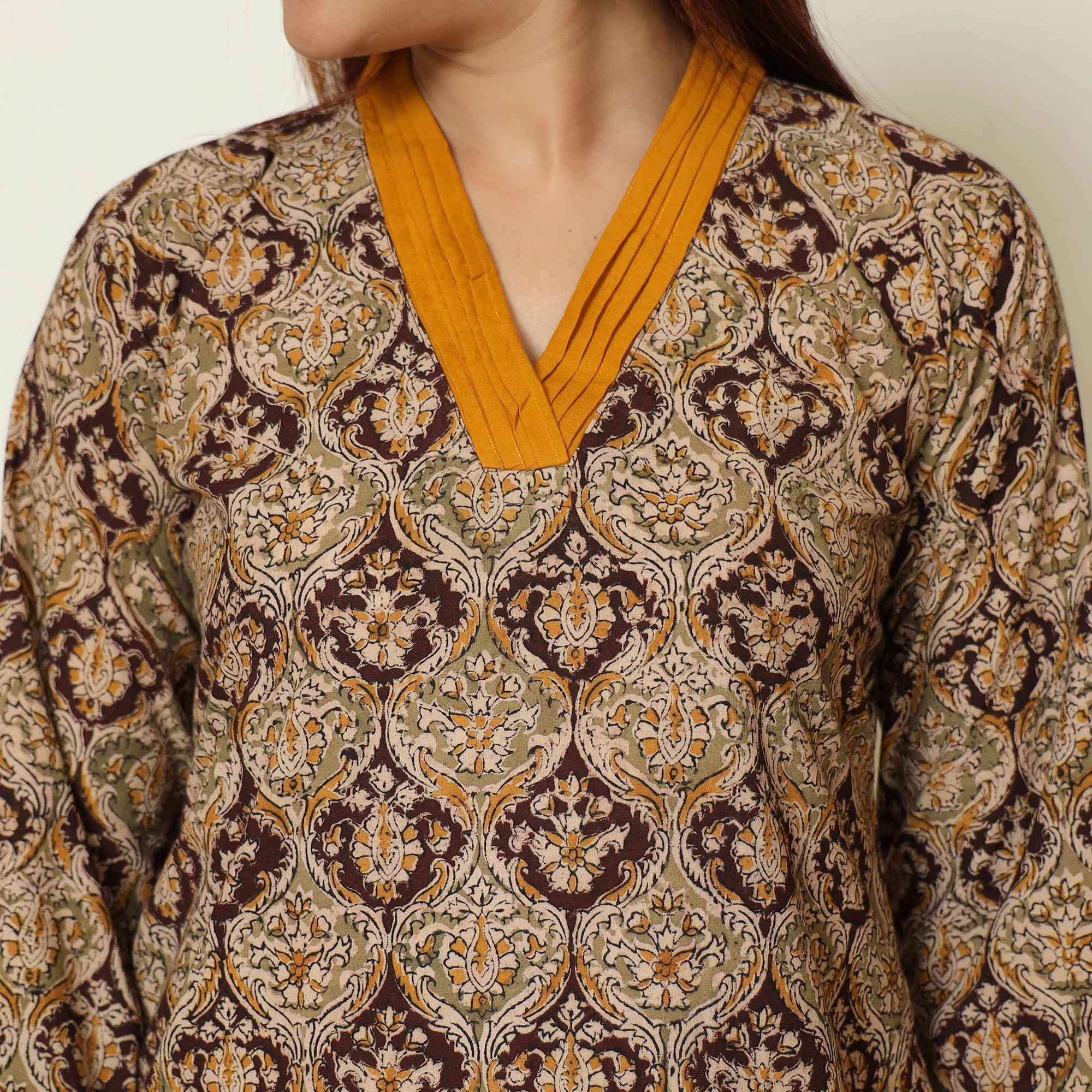 Brown - Pedana Kalamkari Block Printed Cotton Kurta with Palazzo & Dupatta Set 07 - Image 5