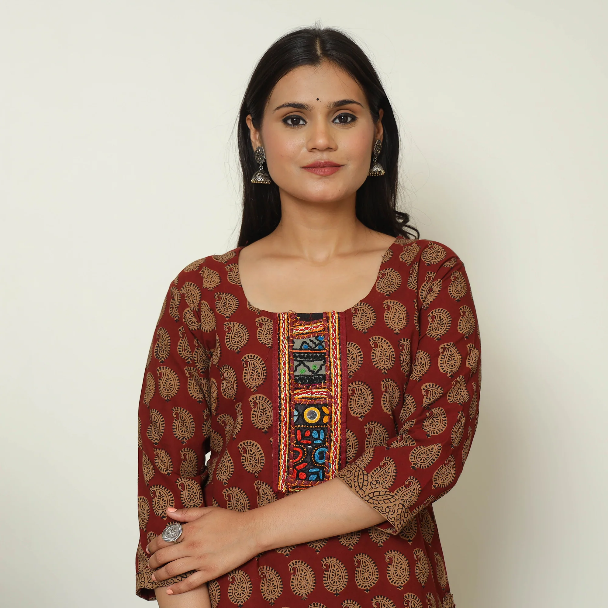 Red - Bagh Block Printed Cotton Straight Kurta with Kutch Embroidery Patchwork 11 - Image 4
