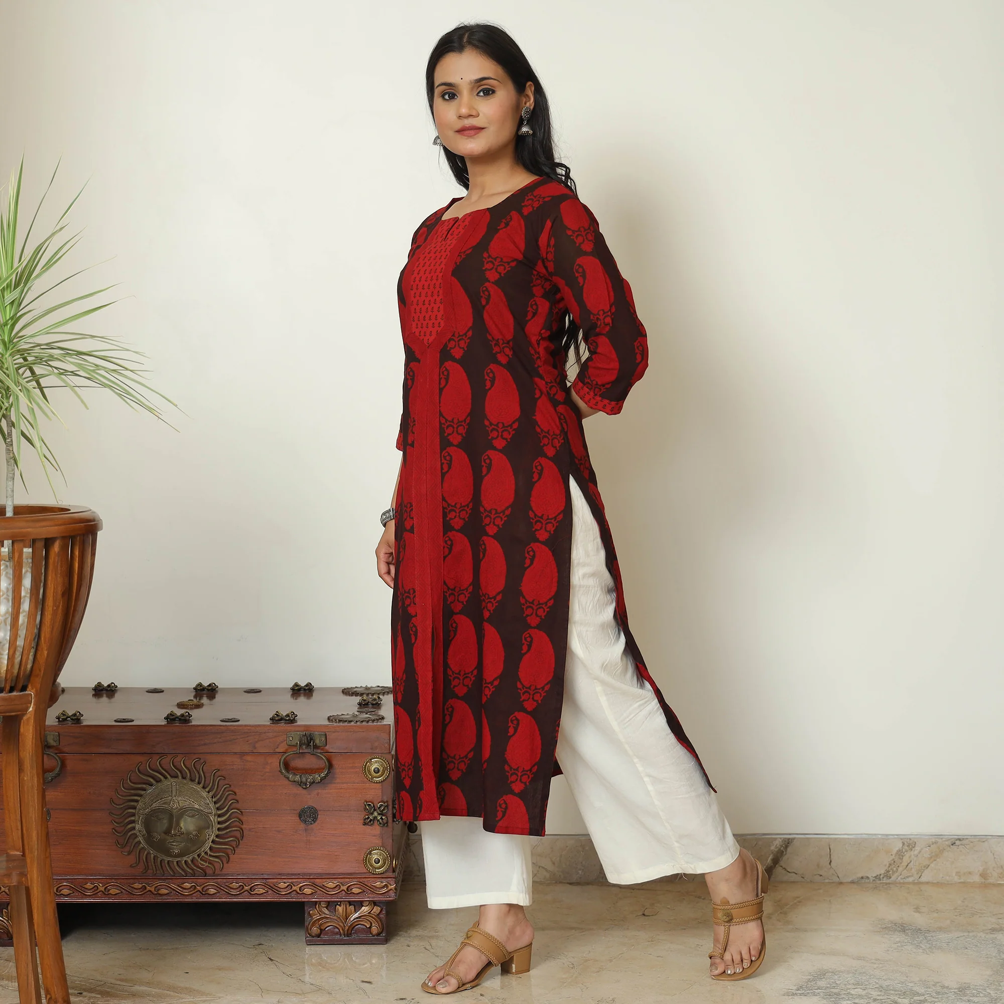 Red - Bagh Hand Block Printed Cotton Straight Kurta 17
