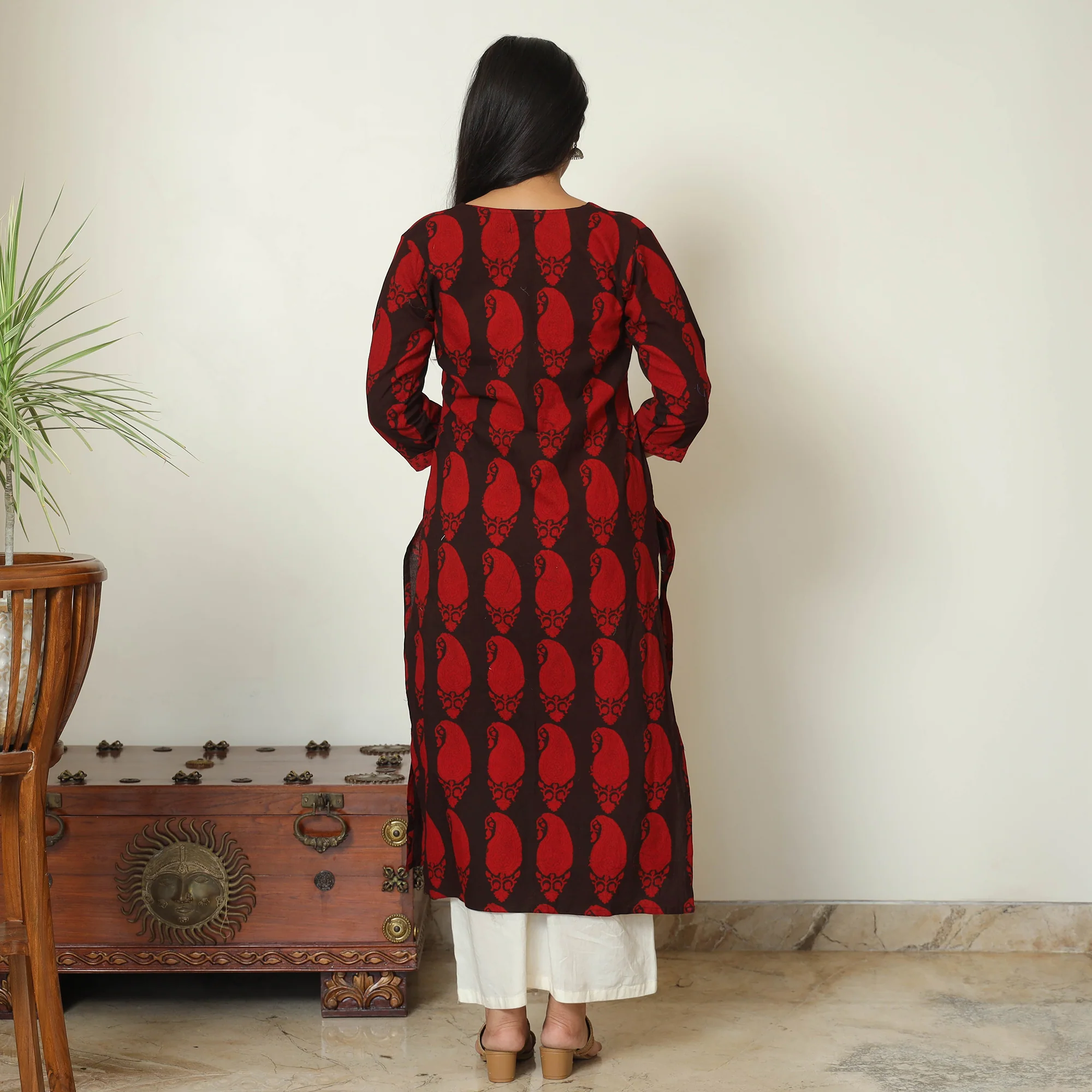 Red - Bagh Hand Block Printed Cotton Straight Kurta 17 - Image 6