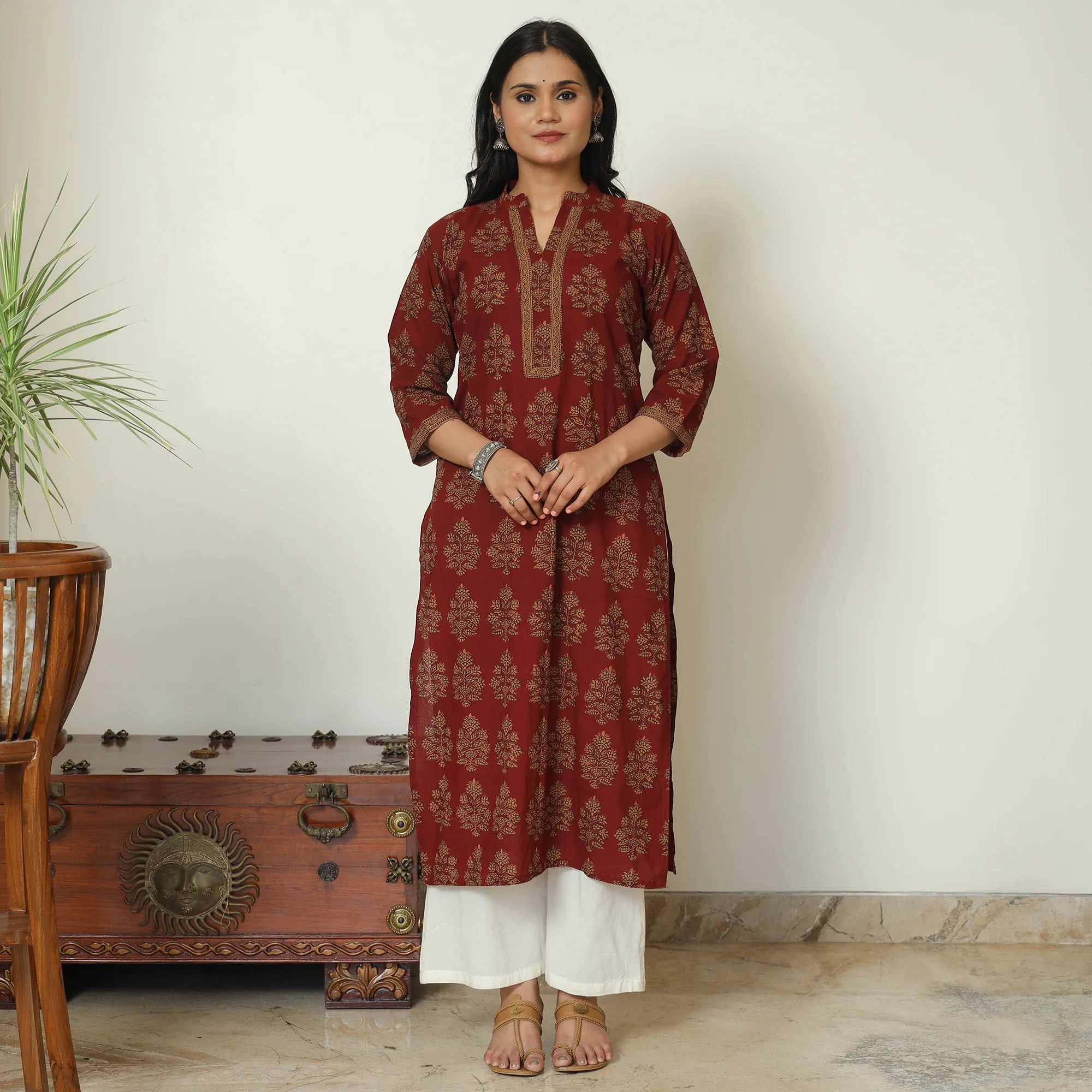 Red - Bagh Hand Block Printed Cotton Straight Kurta 21 - Image 3