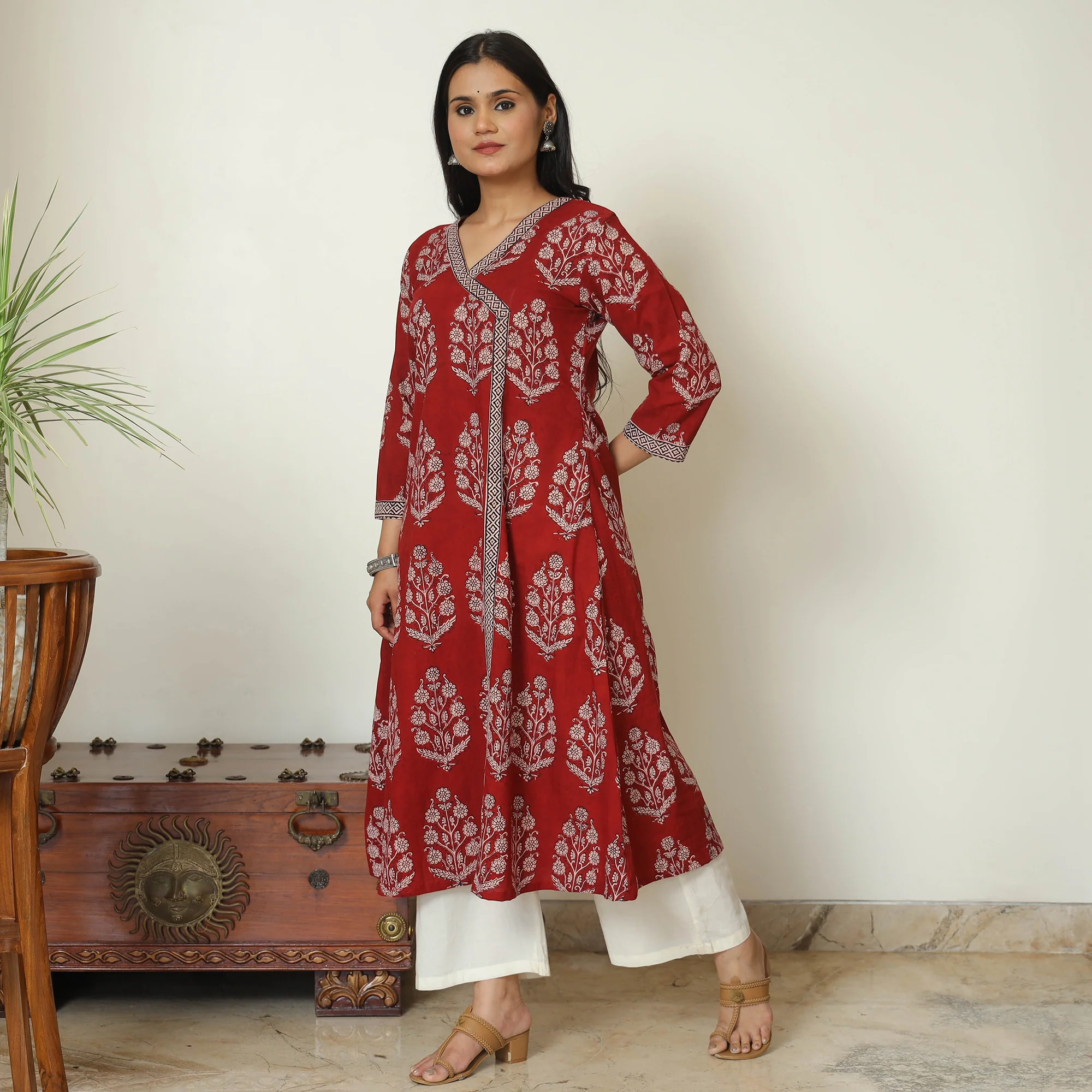 Red - Bagh Hand Block Printed Cotton A-Line Kurta 03