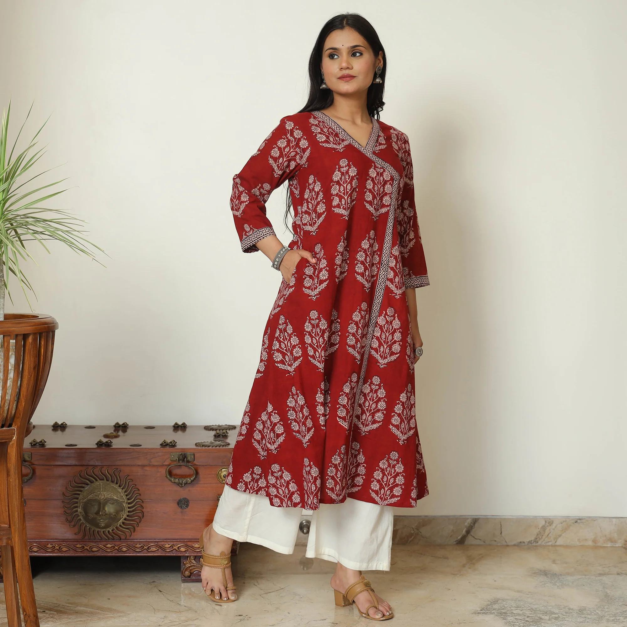 Red - Bagh Hand Block Printed Cotton A-Line Kurta 03 - Image 2
