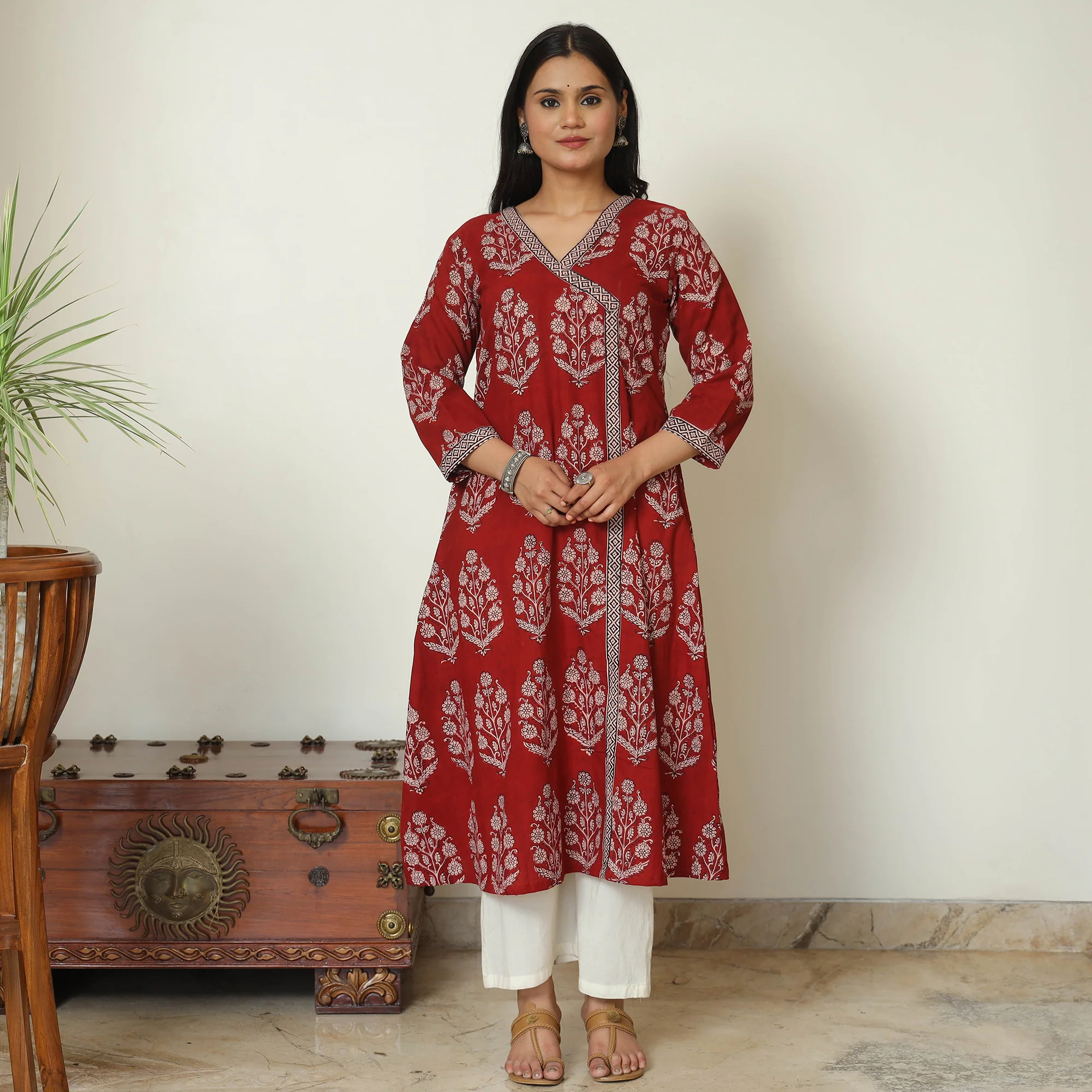 Red - Bagh Hand Block Printed Cotton A-Line Kurta 03 - Image 3
