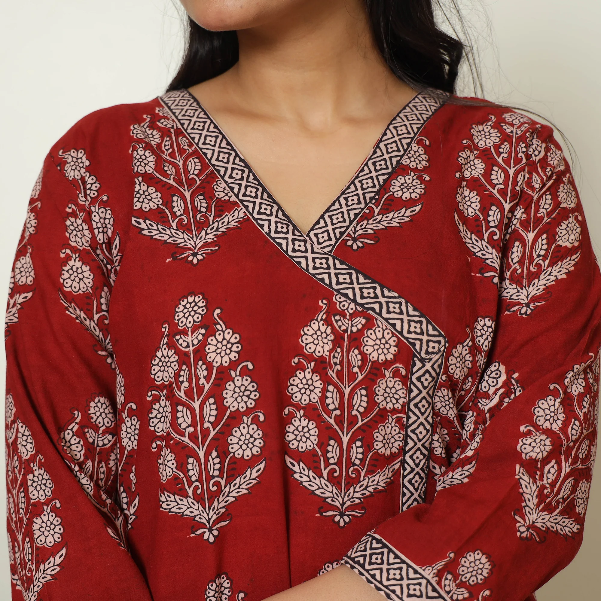Red - Bagh Hand Block Printed Cotton A-Line Kurta 03 - Image 5