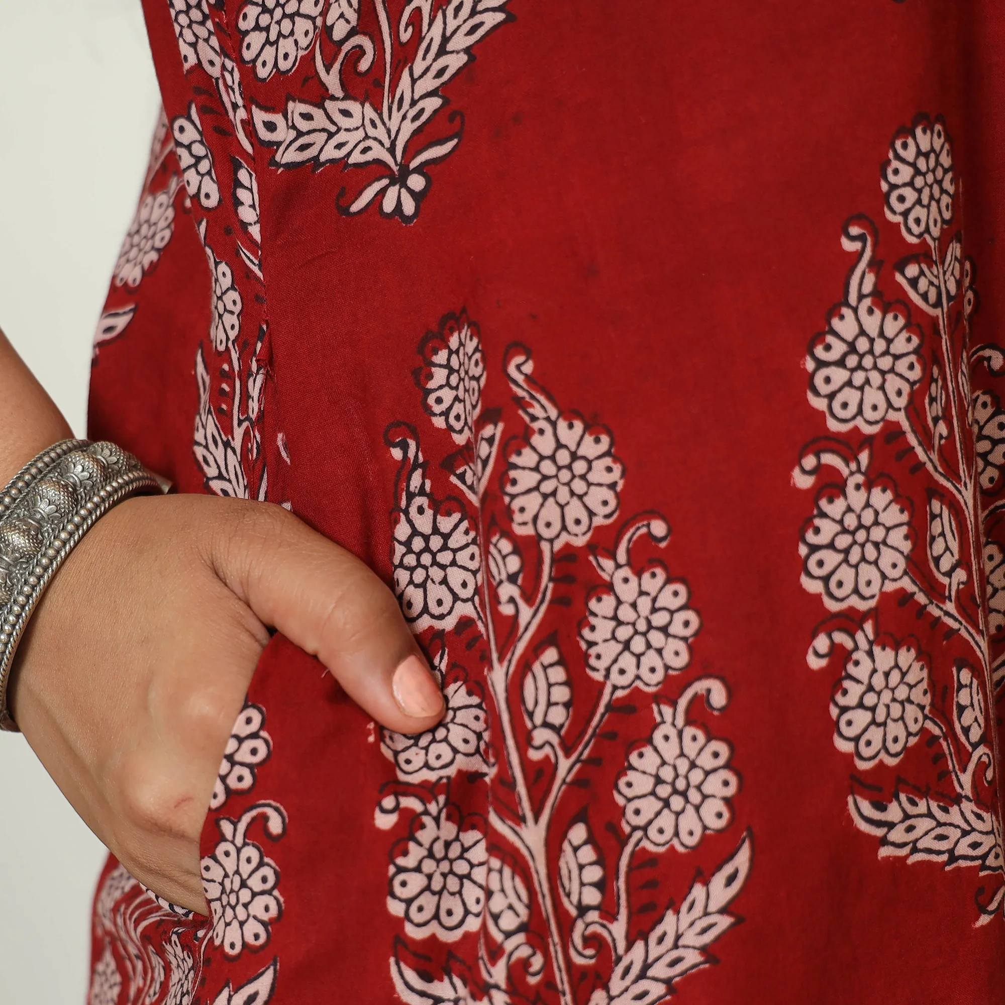 Red - Bagh Hand Block Printed Cotton A-Line Kurta 03 - Image 6