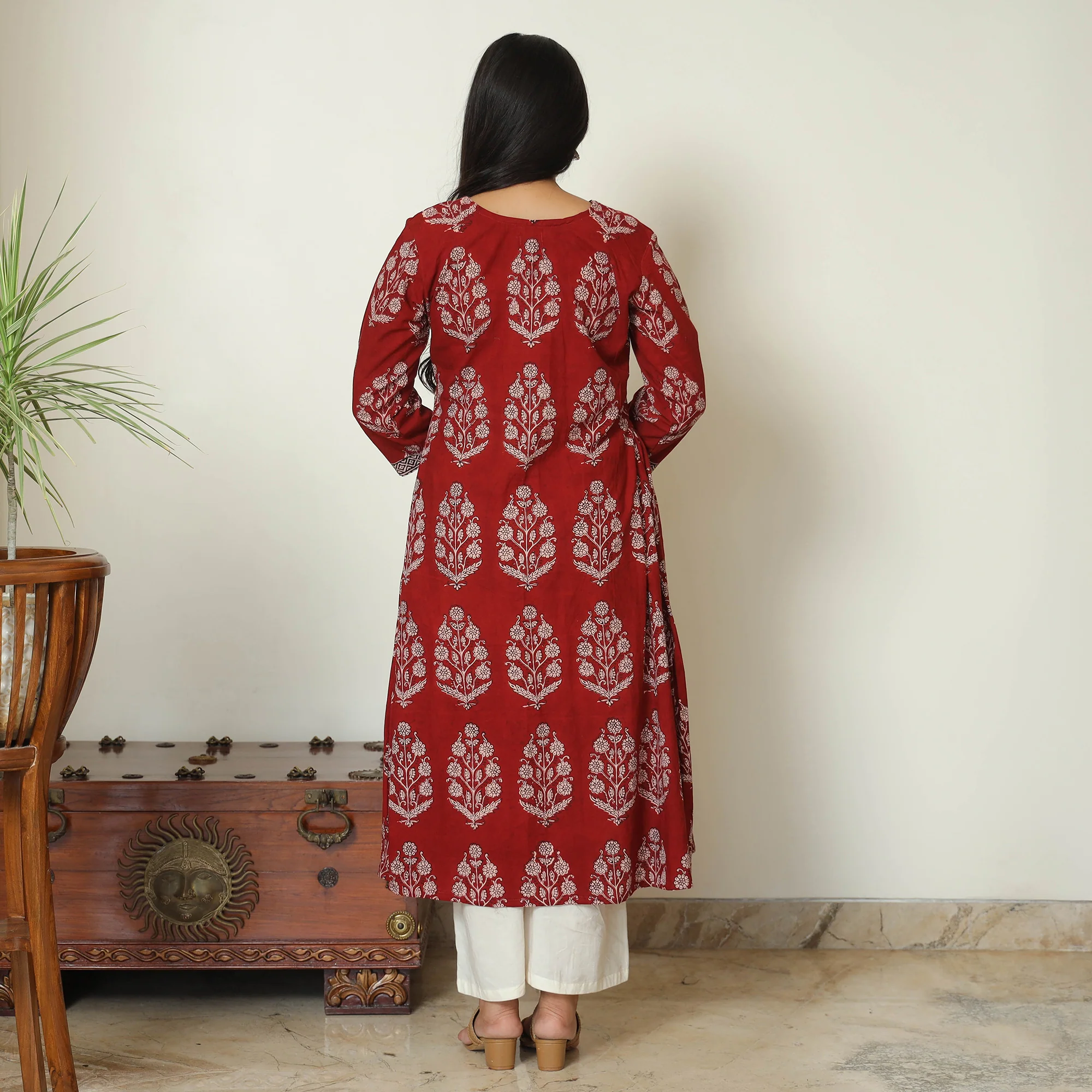 Red - Bagh Hand Block Printed Cotton A-Line Kurta 03 - Image 7