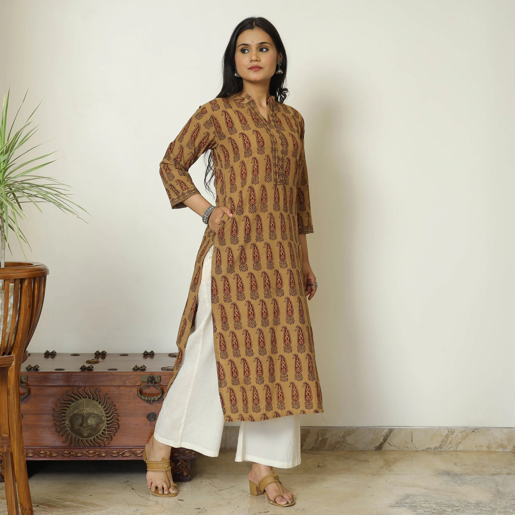 Brown - Bagh Hand Block Printed Cotton Straight Kurta 24 - Image 2