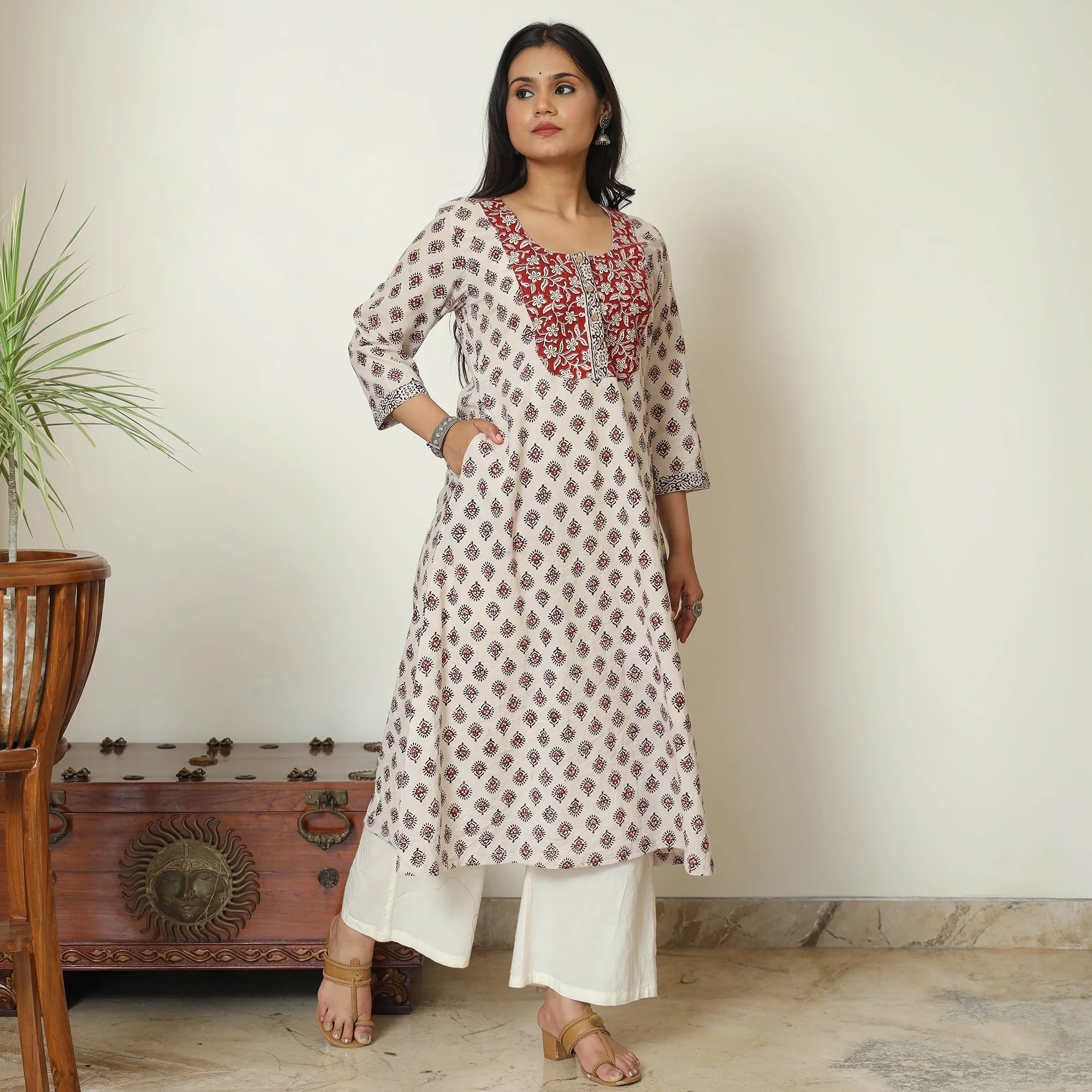 White - Bagh Hand Block Printed Cotton A-Line Kurta 07 - Image 3