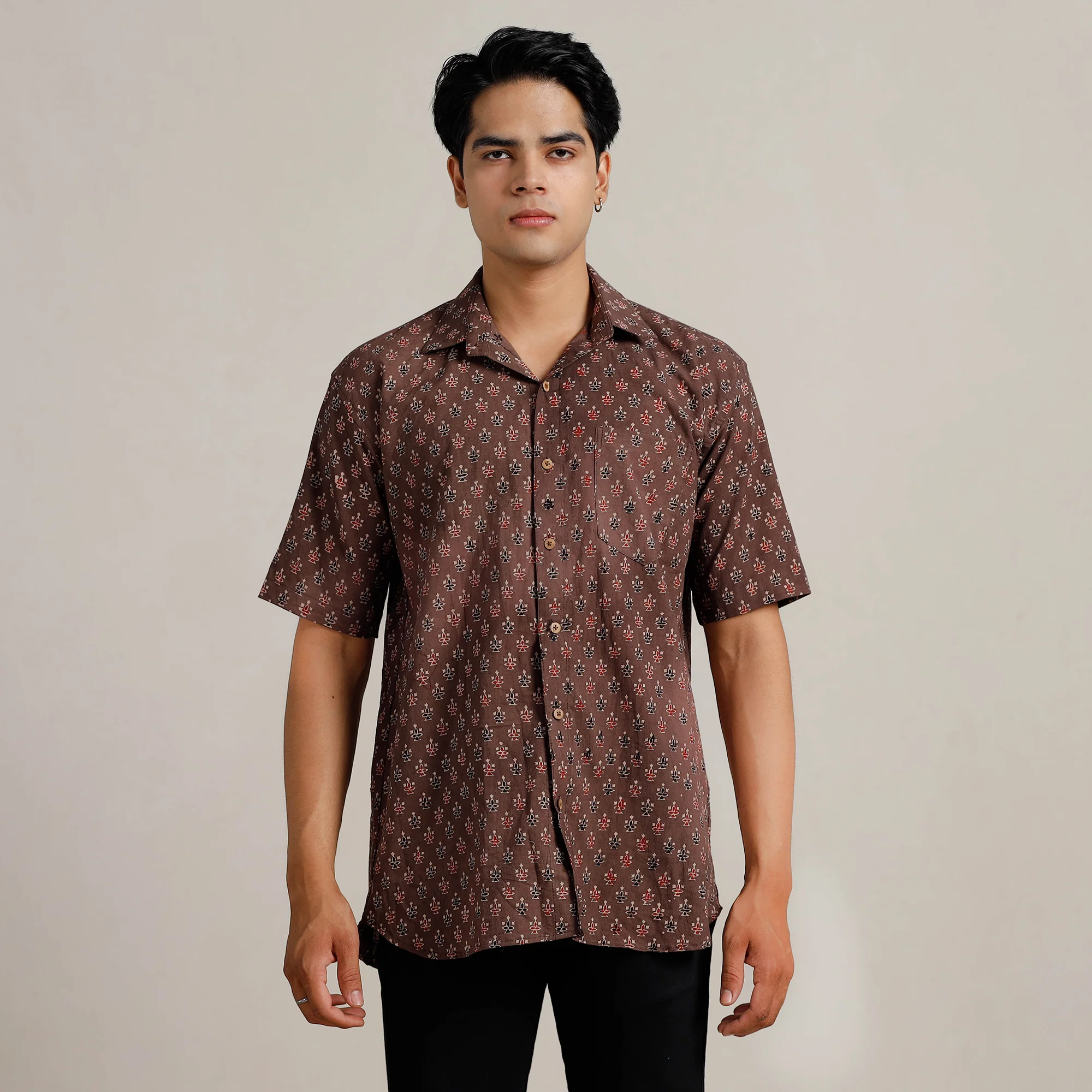 Brown - Ajrakh Block Printed Cotton Men Half Sleeve Shirt 04 - Image 2