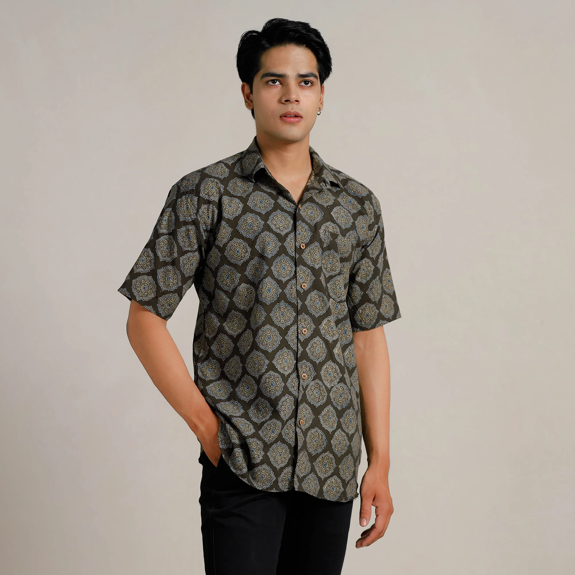 Black - Ajrakh Block Printed Cotton Men Half Sleeve Shirt 05
