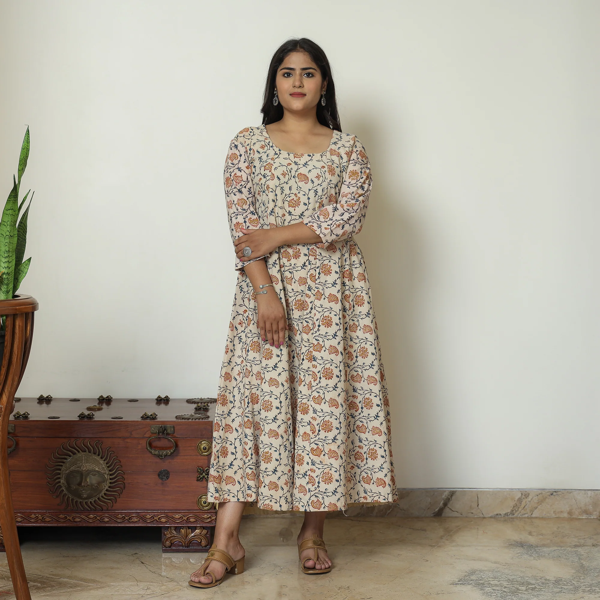 Beige - Pedana Kalamkari Block Printed Cotton Tiered Dress 01