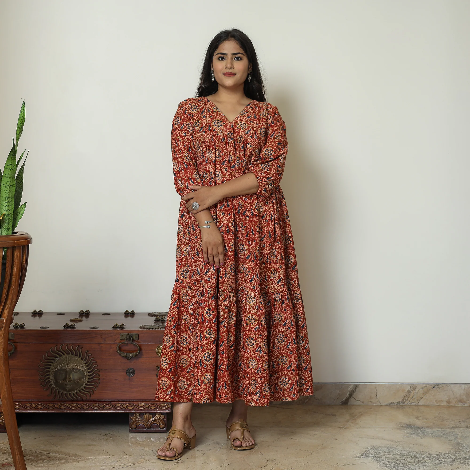 Red - Pedana Kalamkari Block Printed Cotton Flared Gher Dress 06