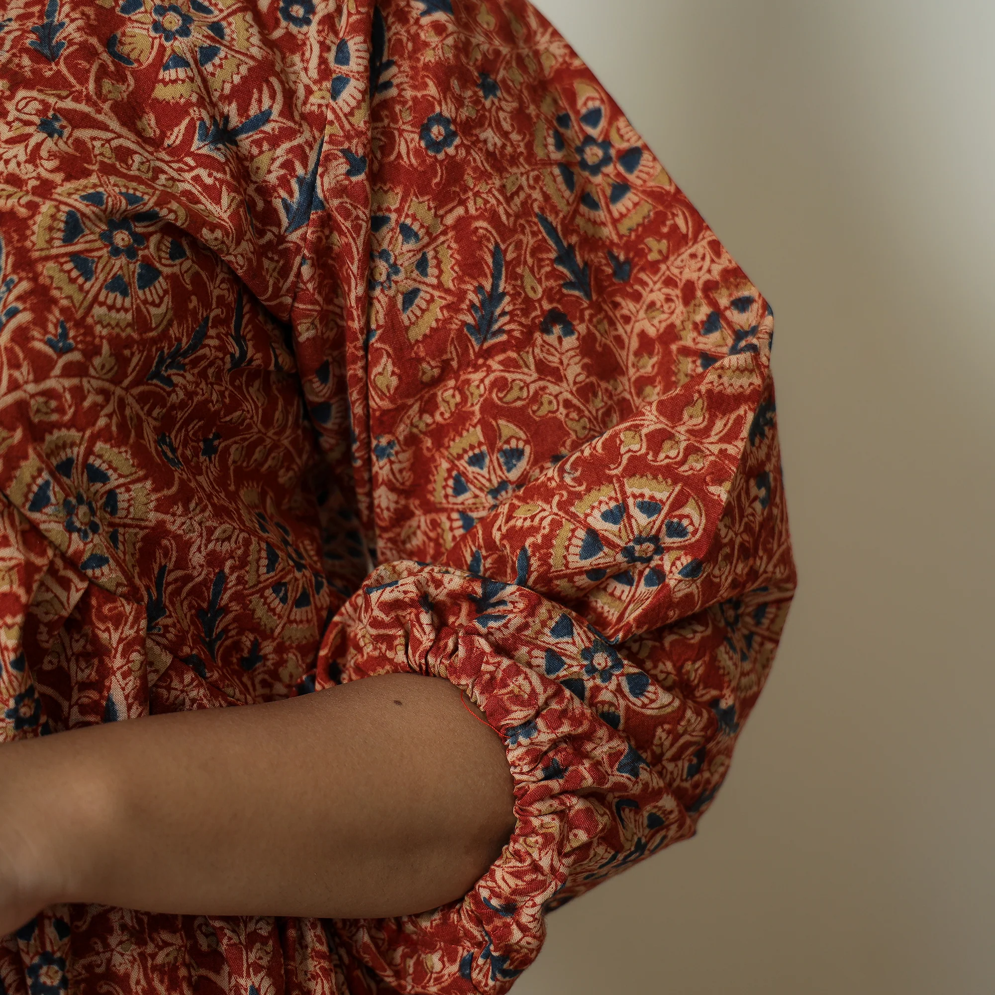 Red - Pedana Kalamkari Block Printed Cotton Flared Gher Dress 06 - Image 6