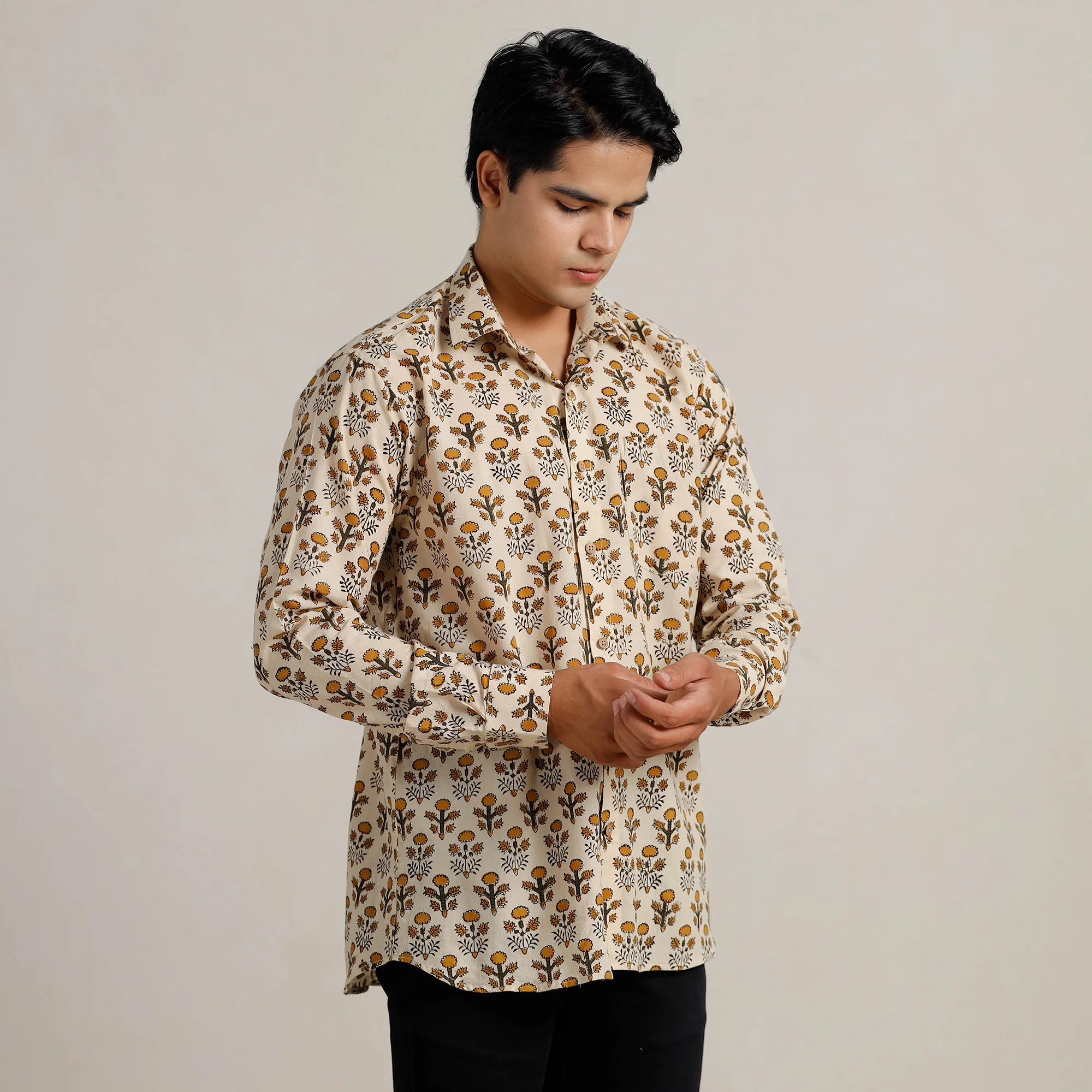 Beige - Bagru Block Printed Cotton Men Full Sleeve Shirt 09 - Image 3