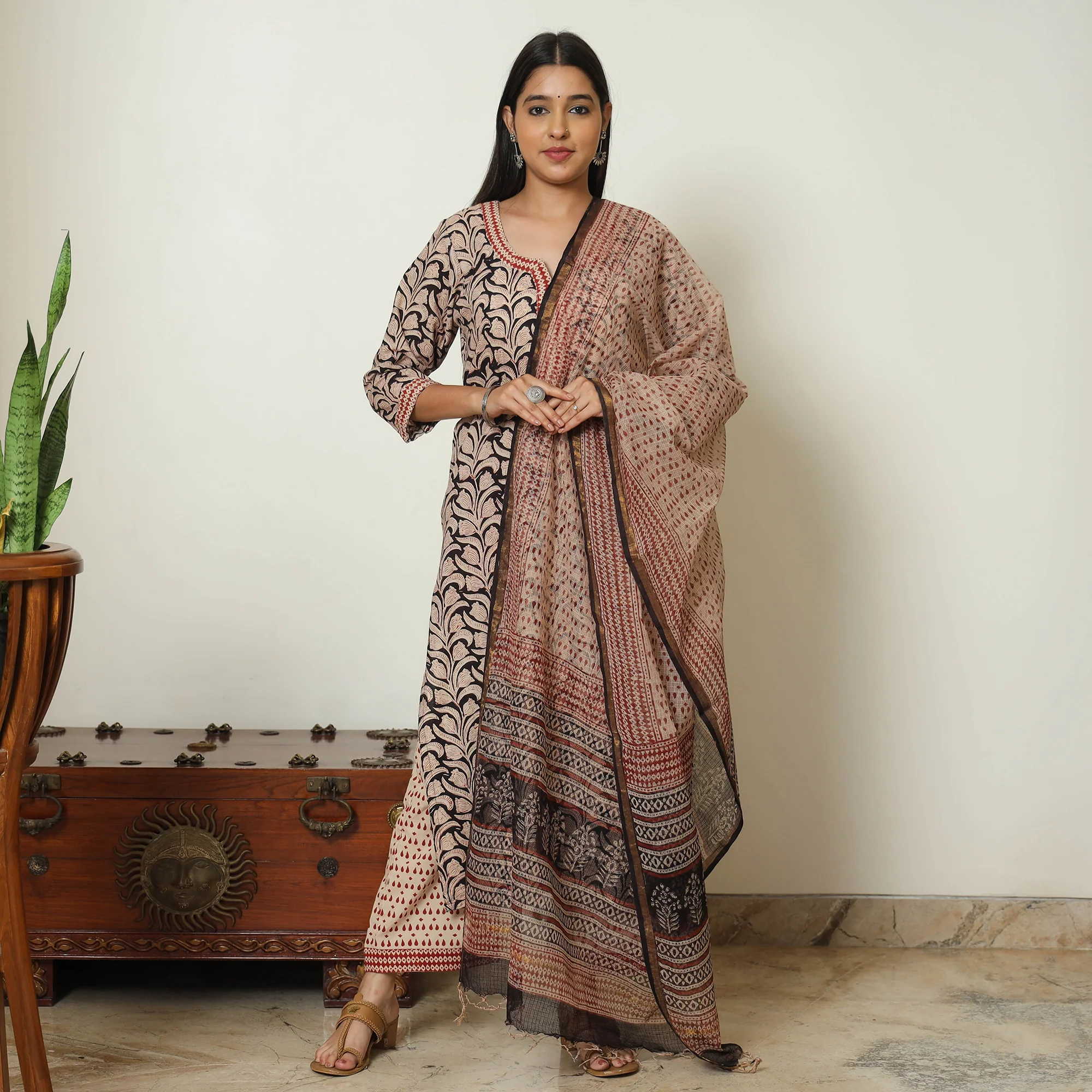 Beige - Bagru Block Printed Cotton Kurta with Palazzo & Kota Doria Dupatta Set 12