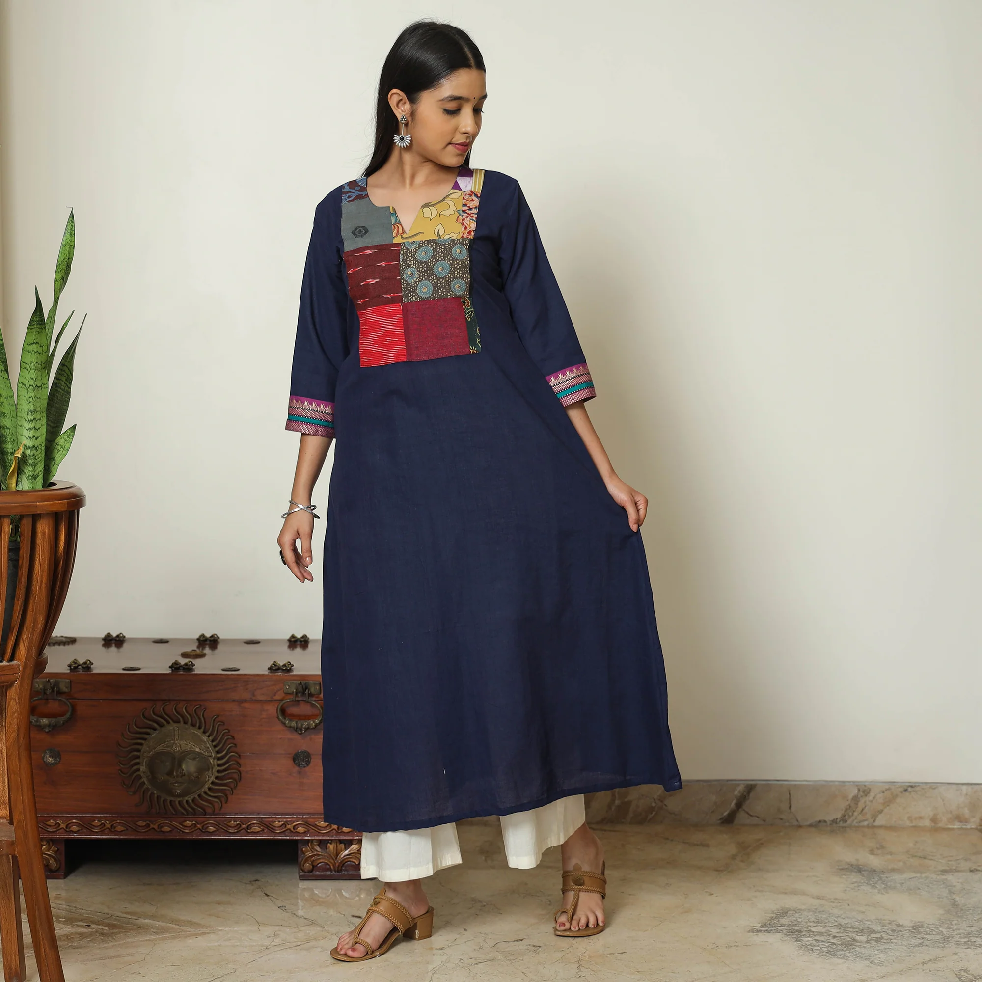 Blue - Dharwad Cotton A-Line Kurta with Patchwork 06 - Image 2