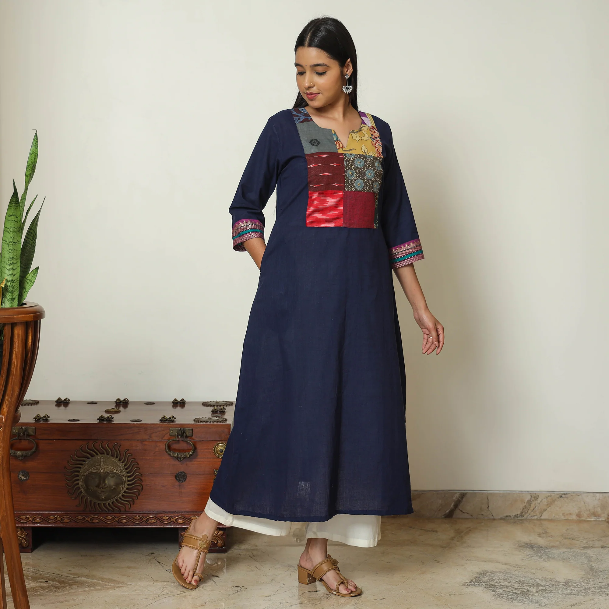 Blue - Dharwad Cotton A-Line Kurta with Patchwork 06 - Image 3