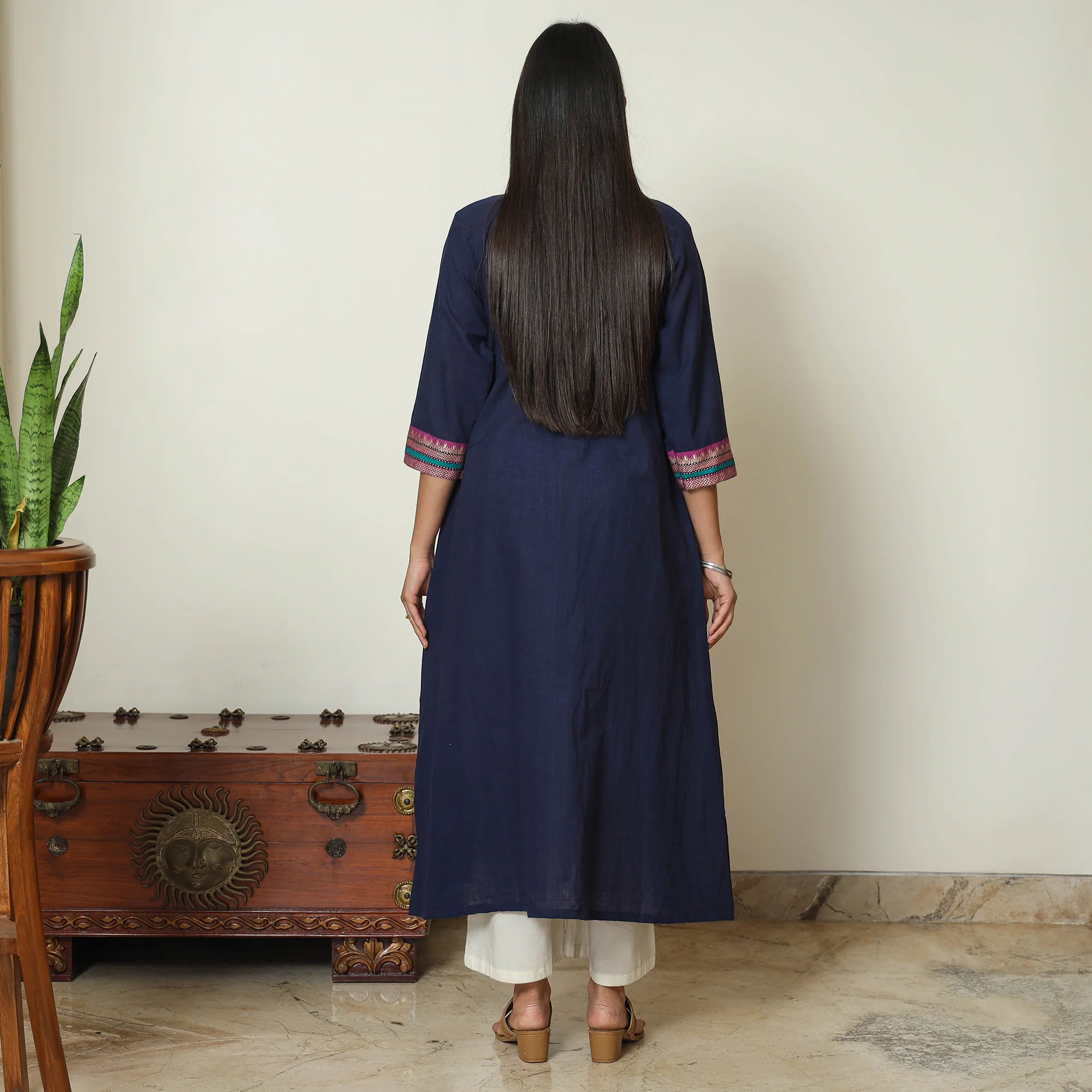 Blue - Dharwad Cotton A-Line Kurta with Patchwork 06 - Image 4