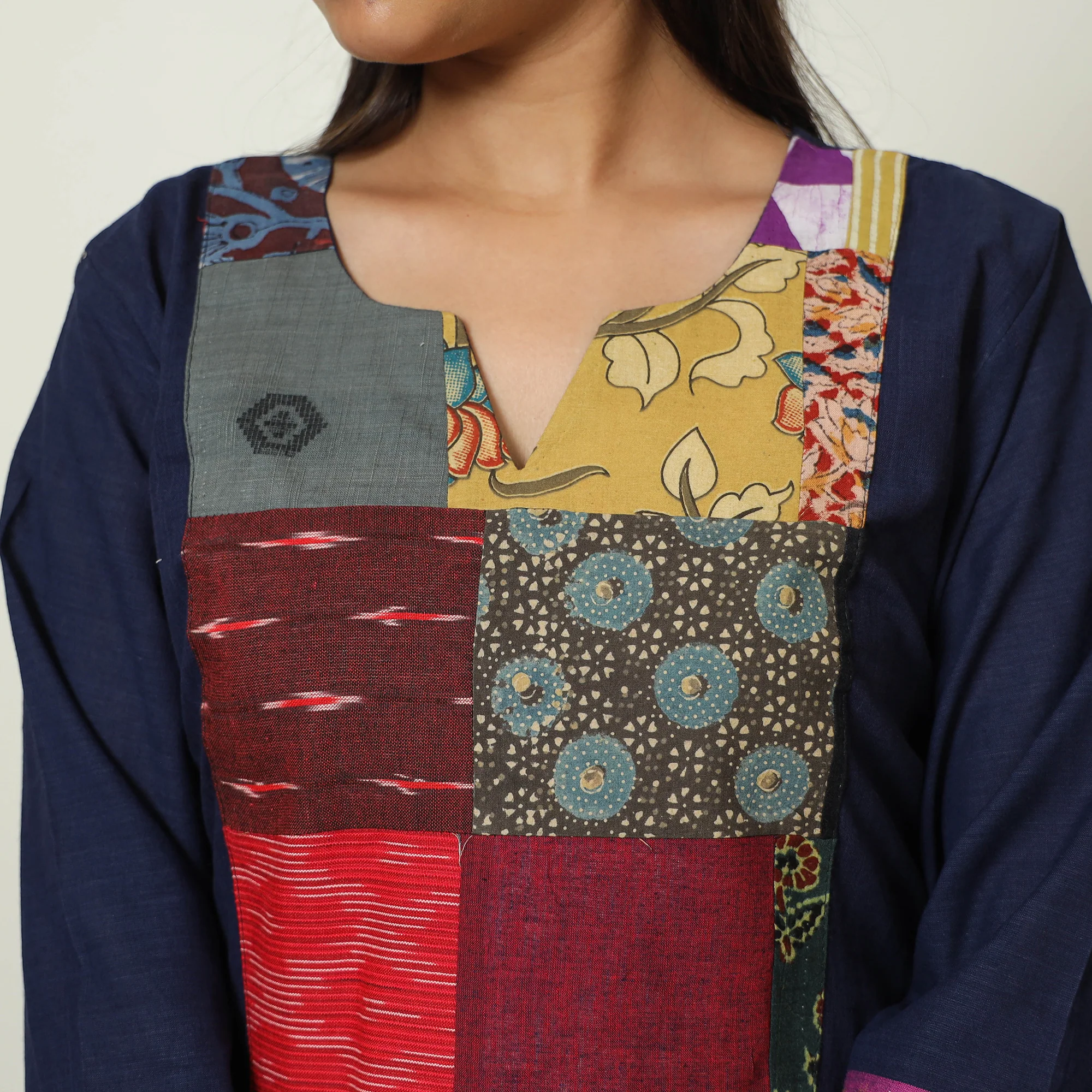 Blue - Dharwad Cotton A-Line Kurta with Patchwork 06 - Image 6