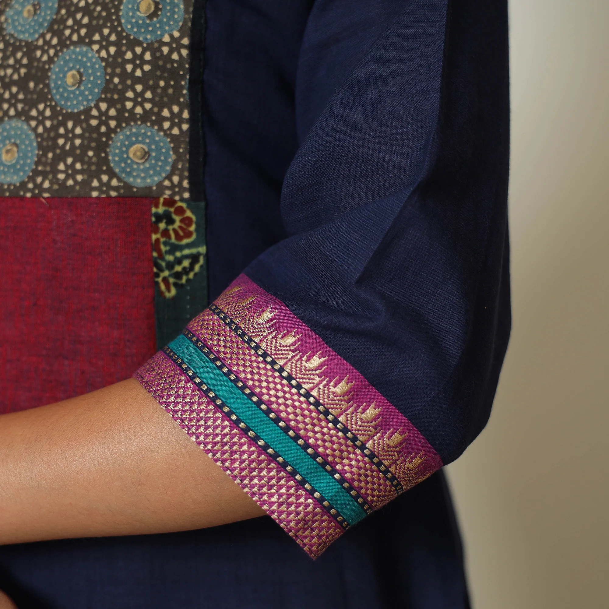 Blue - Dharwad Cotton A-Line Kurta with Patchwork 06 - Image 7