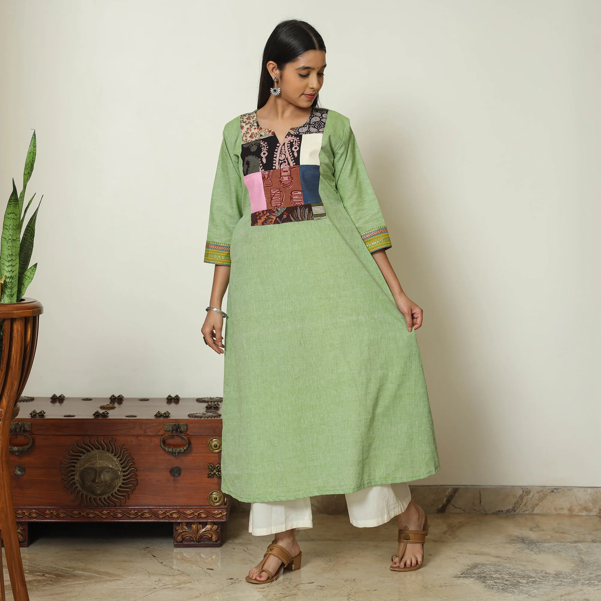 Green - Dharwad Cotton A-Line Kurta with Patchwork 07 - Image 2