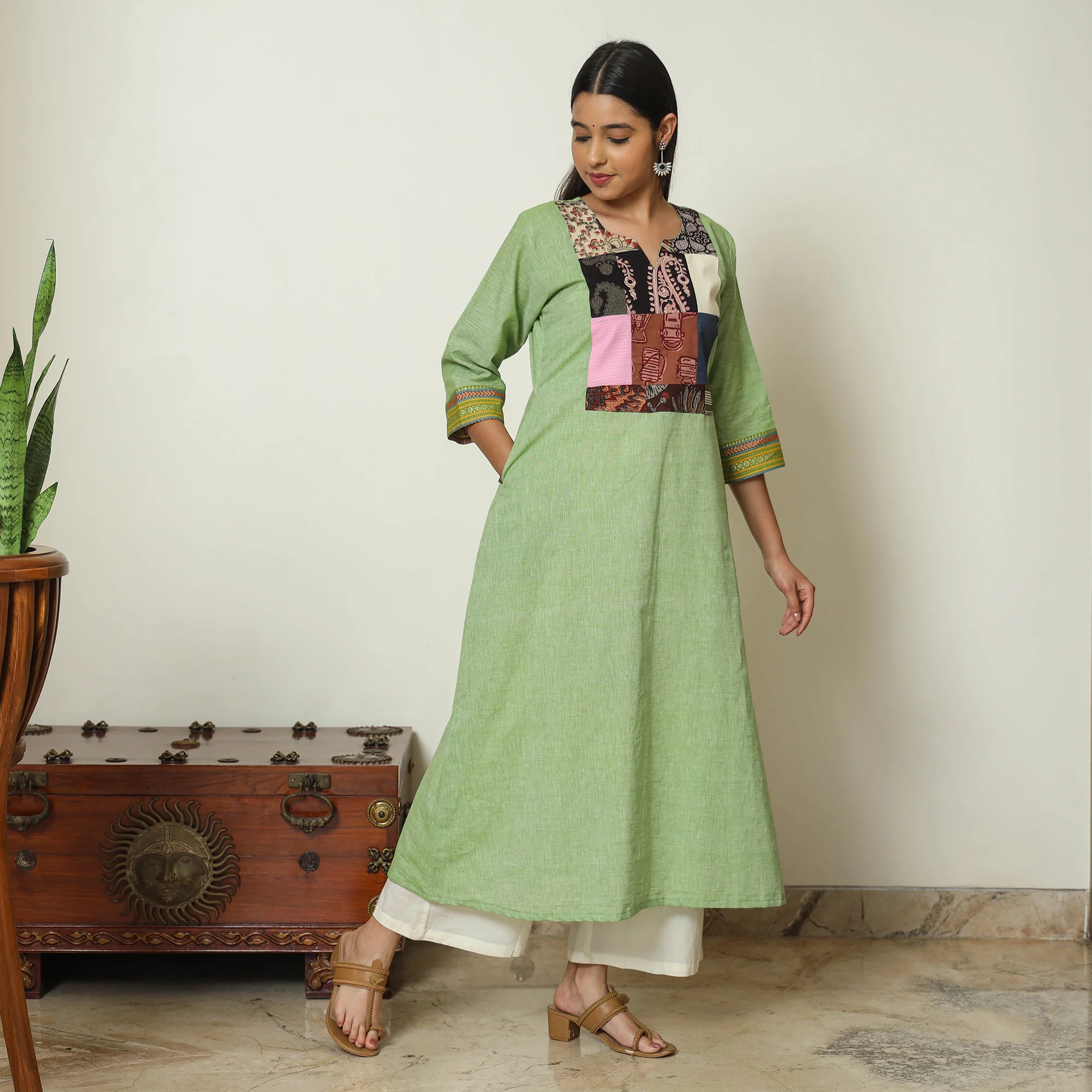 Green - Dharwad Cotton A-Line Kurta with Patchwork 07 - Image 3
