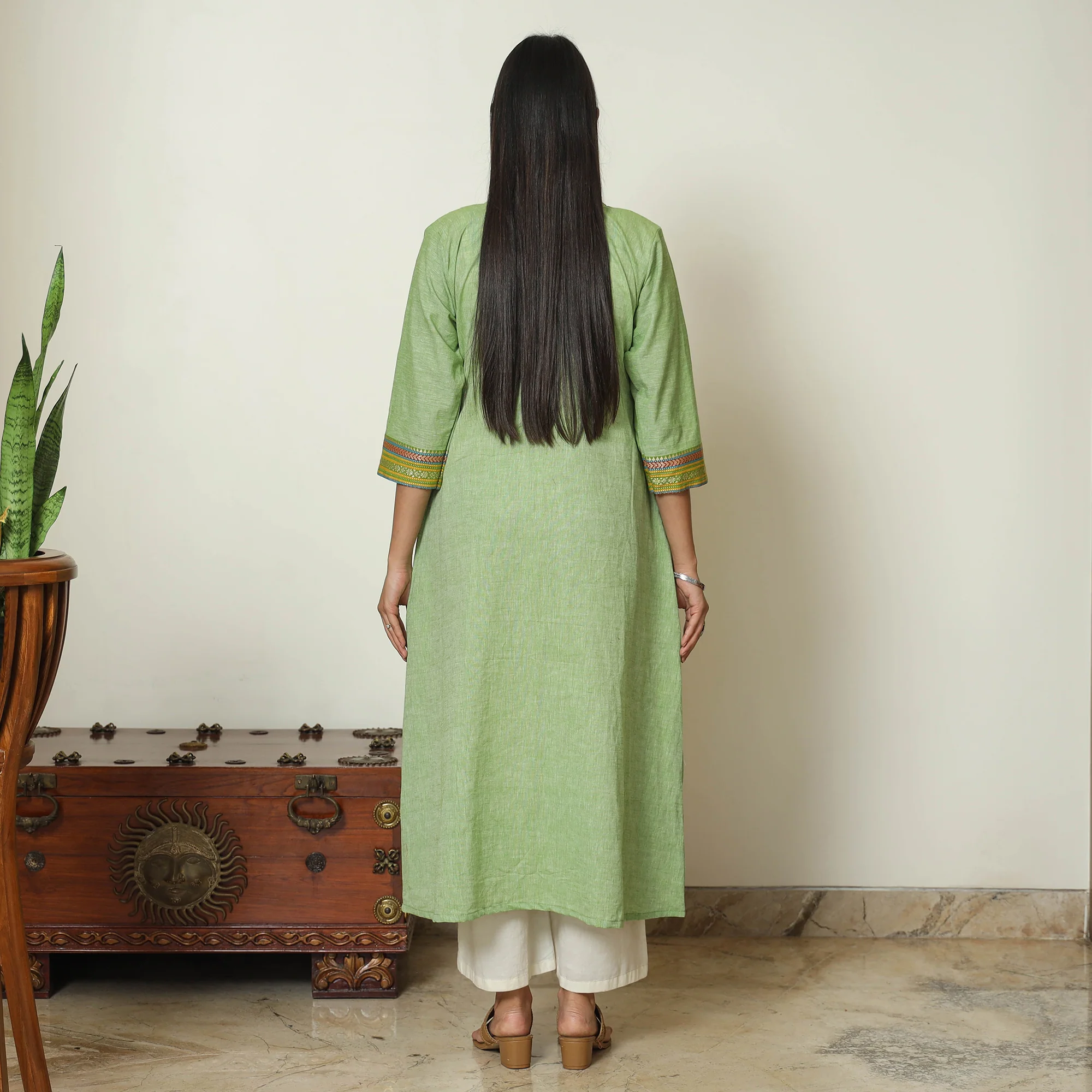 Green - Dharwad Cotton A-Line Kurta with Patchwork 07 - Image 4