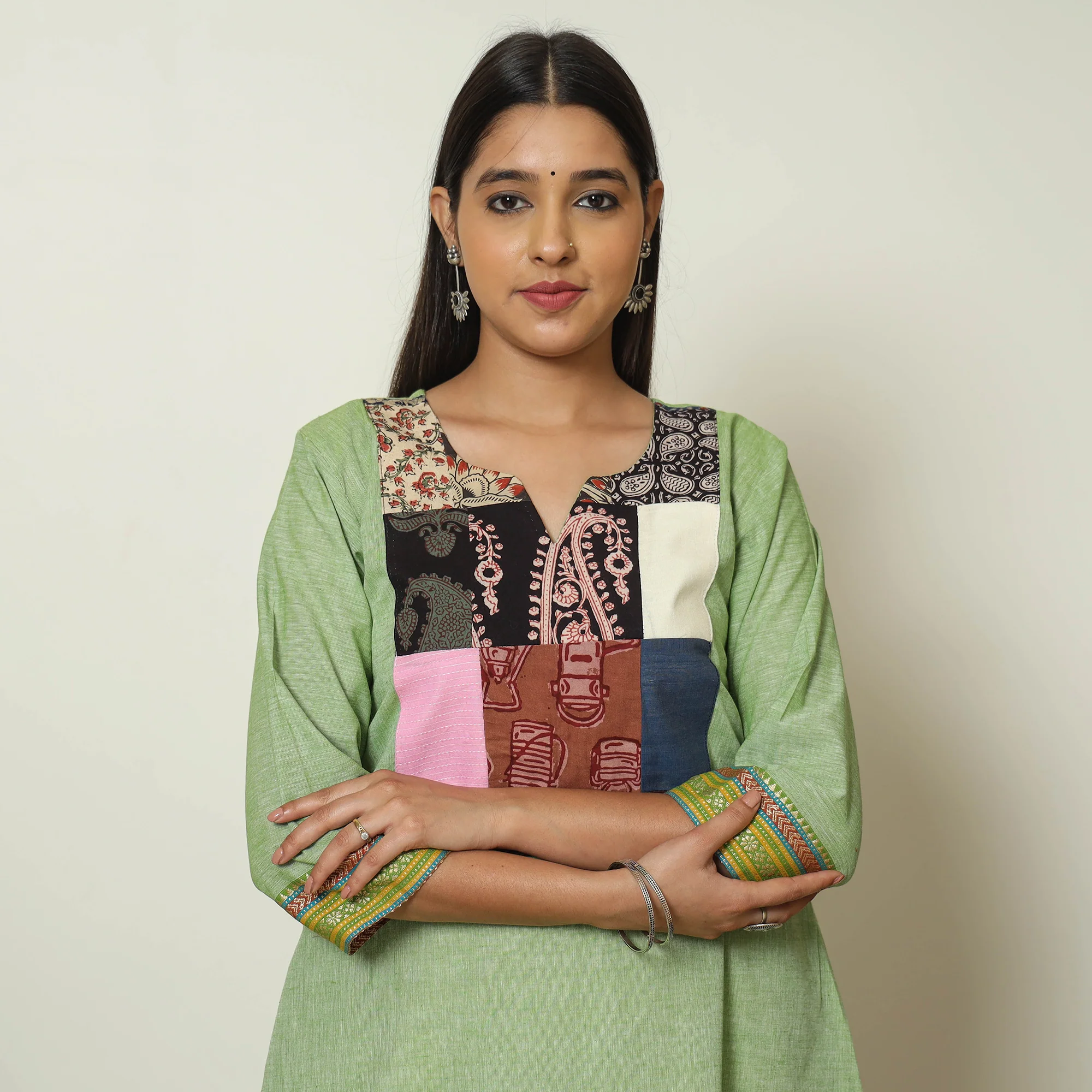 Green - Dharwad Cotton A-Line Kurta with Patchwork 07 - Image 5