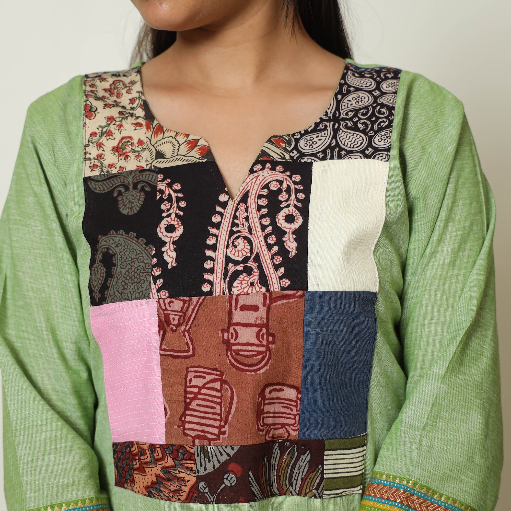 Green - Dharwad Cotton A-Line Kurta with Patchwork 07 - Image 6